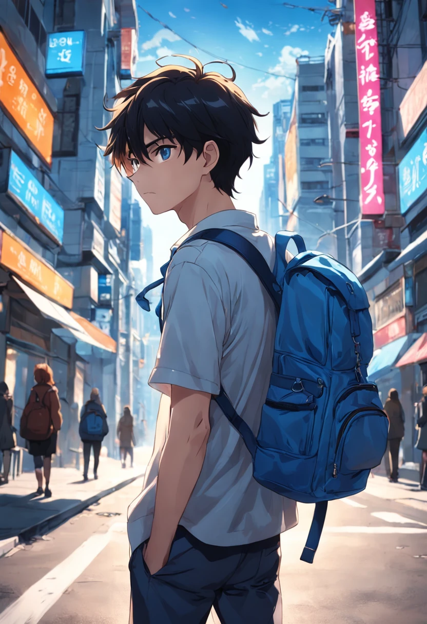 Handsome 18-year-old guy in a bustling city,Carrying a blue school bag,Holding a camera in his hand and taking pictures,It gives a sense of freshness,The feeling of sunshine
