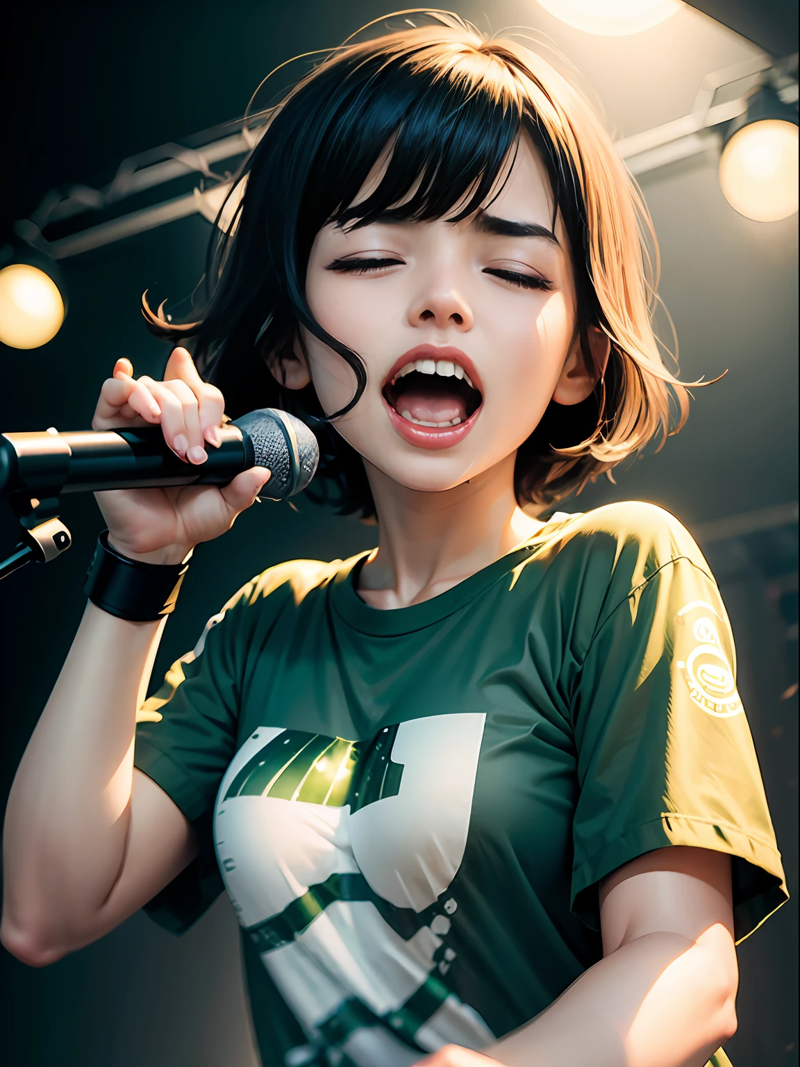 ((Screaming)),Reaching the climax:1.3,holding the mic、One girl closing her eyes, short-cut、masutepiece、Bottoms are randomly generated、( Cucumber illustration printed shirt )、Dark hair、GI Cut、wristbands、Background bokeh:1.5