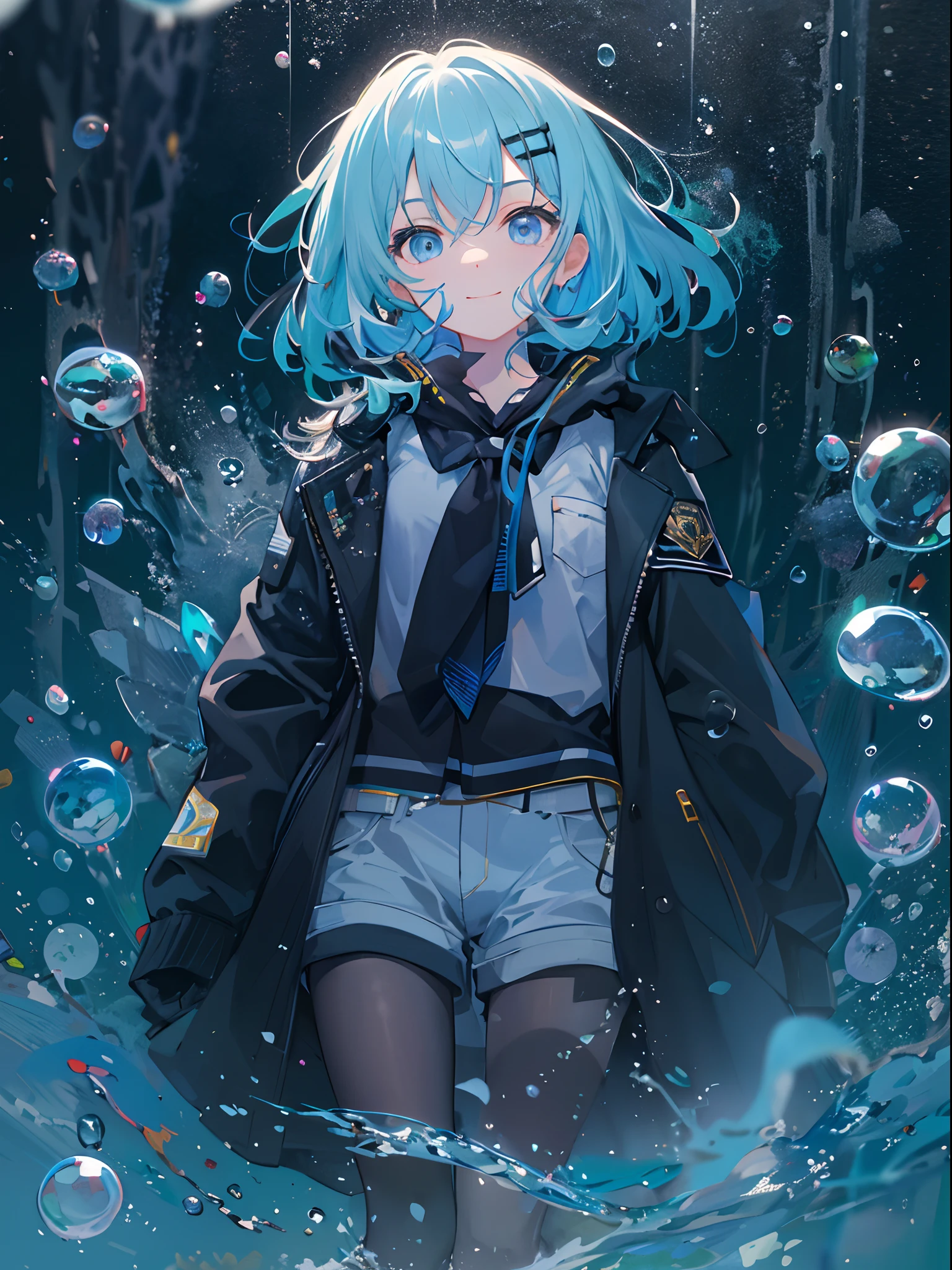 ((top-quality)), ((masterpiece)), ((ultra-detailliert)), (extremely delicate and beautiful), girl with, 独奏, cold attitude,((Black jacket)),She is very(relax)with the(Settled down)Looks,A dark-haired, depth of fields,evil smile,Bubble, under the water, Air bubble,bright light blue eyes,Inner color with light blue hair and dark blue tips,Cold background,Bob Hair - Linear Art, shortpants、knee high socks、White uniform like school uniform、Light blue ribbon ties、Clothes are sheer、Hands in pockets