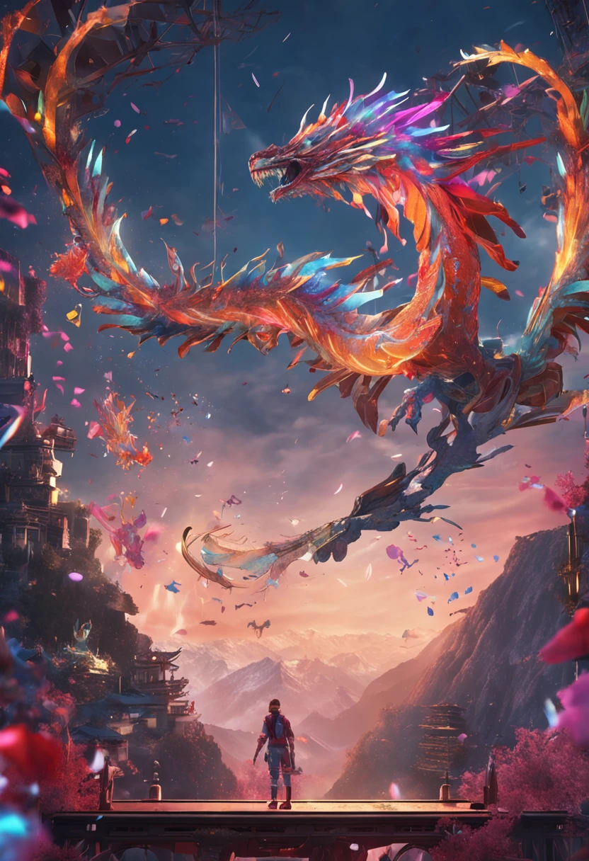 (Background with　Colorful fireworks:1.2),Viola、mountain ranges、The dragon、Near future、ciber、sea of clouds、the morning sun、wanting、grand、(1womanl:1.2),Biomechanical cyborg,Giant Swing、(Fly over the mountains),devastated,Shining Weapon,Dynamic Angle, spark art,Octane Render, Official art, Unity 8K Official Art, Unity 8k壁纸, ultra-detailliert, Beautiful and aesthetic,Extremely detailed, Dynamic Angle, Most Beautiful Form of Chaos, Elegant, a brutalist designed, vivd colour, barroco, by james jean, roby dwi antono, by Ross Tran, Francis Bacon, michal mraz, Adrian Ghenny, petra cortright, Gerhard Richter, Takato Yamamoto, Ashley Wood, Atmospheric, ??????? of musical notes, streaming musical notes visible,Sun Knight,Glasswork,realistic representation of face, Detailed beautiful delicate face, Detailed beautiful delicate eyes,Realistic lighting and shading, (an extremely delicate and beautiful art)1.3, Elegant,(Dutch Angle,Good anatomy),