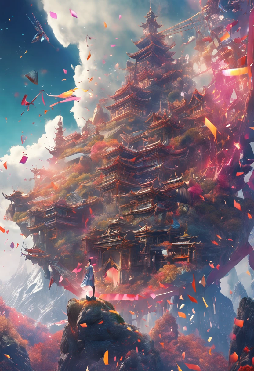 (Background with Colorful fireworks:1.2),Viola、mountain ranges、The dragon、Near future、ciber、sea of clouds、the morning sun、wanting、grand、(1womanl:1.2),Biomechanical cyborg,Giant Swing、(Fly over the mountains),devastated,Shining Weapon,Dynamic Angle, spark art,Octane Render, Official art, Unity 8K Official Art, Unity 8k壁纸, ultra-detailliert, Beautiful and aesthetic,Extremely detailed, Dynamic Angle, Most Beautiful Form of Chaos, Elegant, a brutalist designed, vivd colour, barroco, by james jean, roby dwi antono, by Ross Tran, Francis Bacon, michal mraz, Adrian Ghenny, petra cortright, Gerhard Richter, Takato Yamamoto, Ashley Wood, Atmospheric, ecstasy of musical notes, streaming musical notes visible,Sun Knight,Glasswork,realistic representation of face, Detailed beautiful delicate face, Detailed beautiful delicate eyes,Realistic lighting and shading, (an extremely delicate and beautiful art)1.3, Elegant,(Dutch Angle,Good anatomy),