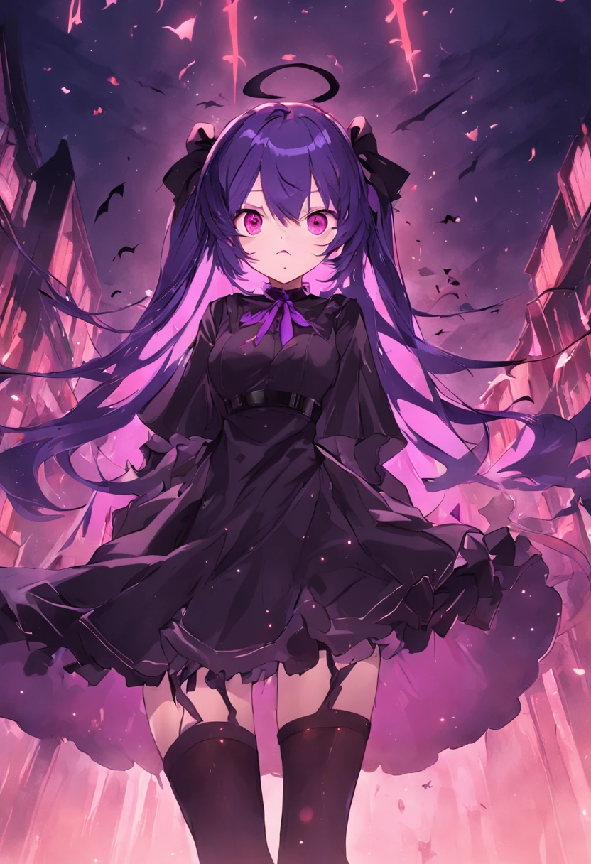 bewitching、amorous、Adults、Woman with double teeth and hanging eyes wearing a large black ribbon with long purple hair、Futomo、tights、Wearing a gothic black dress、Parti、Vampires