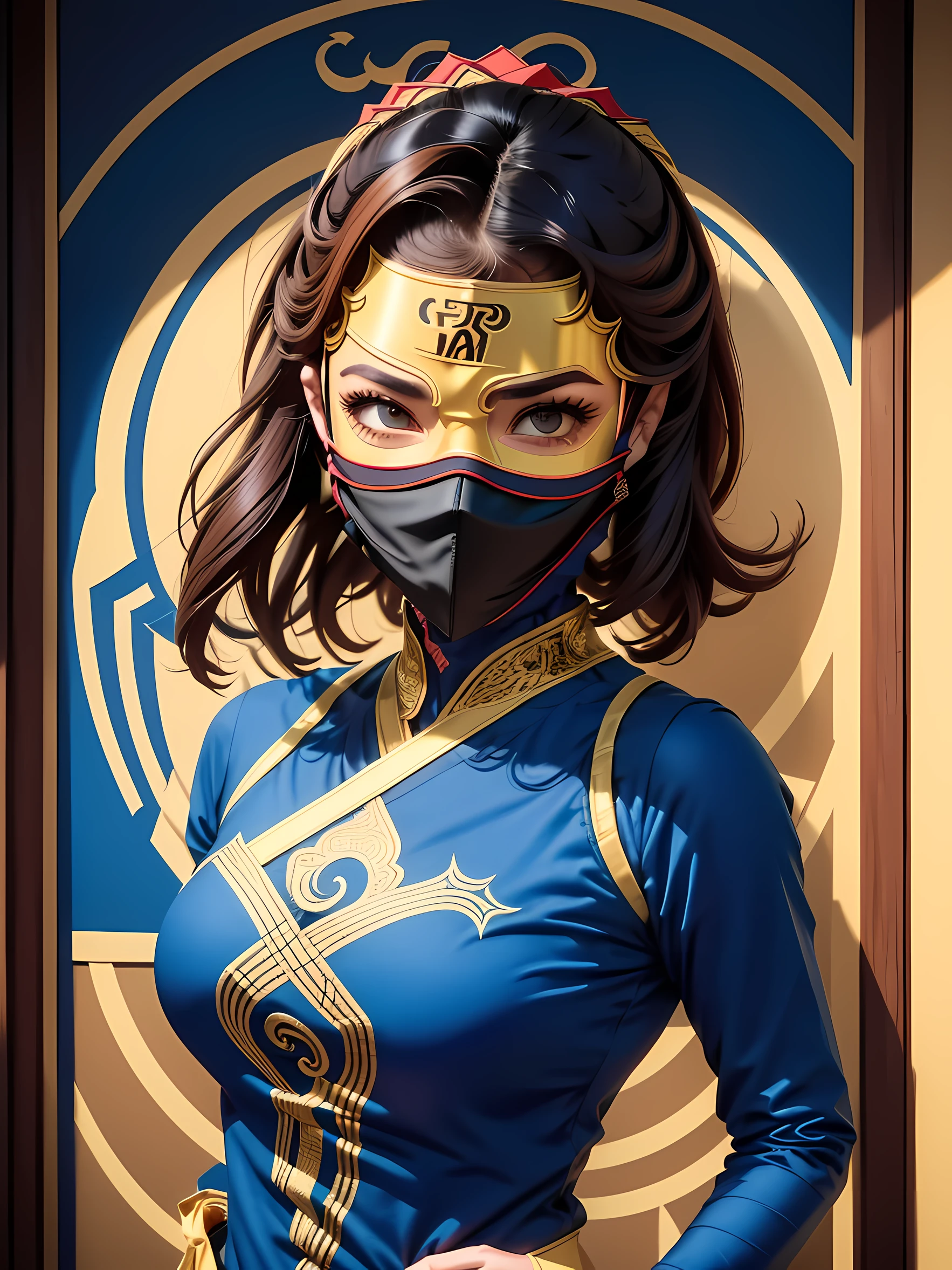 Autoretrato de uma mulher, master part, extremamente detalhado, melhor qualidade, com traje lutadora de kung fu, (((wearing mask eye protection of the face))), red color mask, extremamente detalhado, como Sasha Calle. (8k, qualidade superior, melhor qualidade, obra-prima, altamente detalhado: 1.2), (de meio corpo:1.3), (corpo centralizado:1.4)
