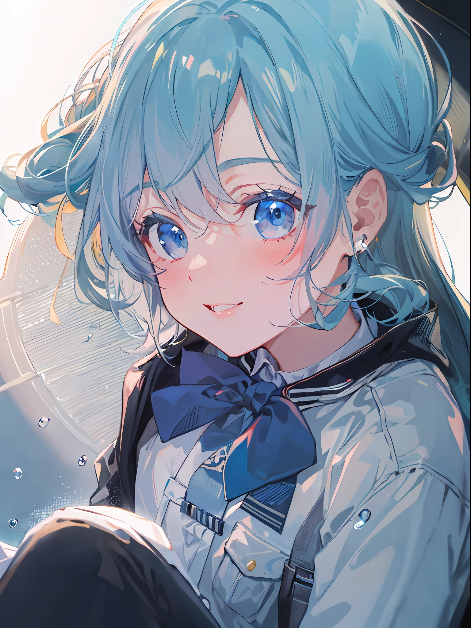 ((top-quality)), ((masterpiece)), ((ultra-detailliert)), (extremely delicate and beautiful), girl with, 独奏, cold attitude,((Black jacket)),She is very(relax)with the(Settled down)Looks,A dark-haired, depth of fields,evil smile,Bubble, under the water, Air bubble,bright light blue eyes,Inner color with light blue hair and dark blue tips,Cold background,Bob Hair - Linear Art, shortpants、knee high socks、White uniform like school uniform、Light blue ribbon ties、Clothes are sheer、Hands in pockets