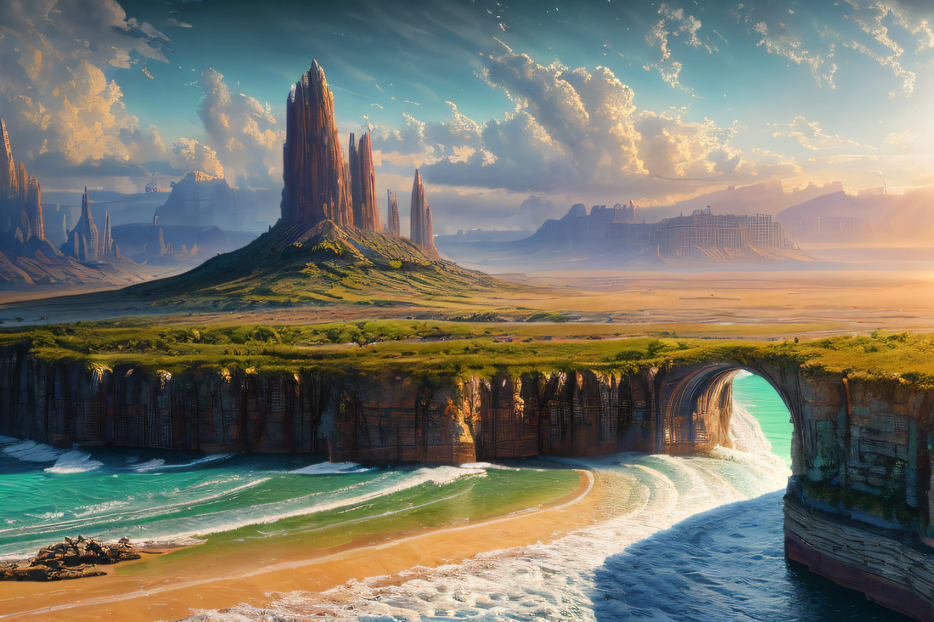 paysage futuriste, Eau, (Highly detailed CG Unit 8k wallpaper), The most beautiful work of art in the world, Professional majestic oil painting, complexe, High detail, mise au point nette, dramatique, Art of photorealist painting,