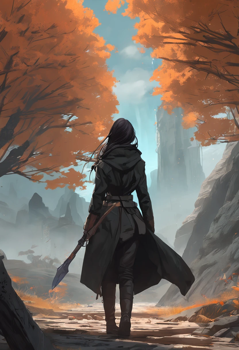 anime big breast, A black-haired teenager，Long knife in hand, The long knife was stuck in the ground，Wearing a black worn-out trench coat，avatar landscape, award winning concept art, concept art stunning atmosphere, highly realistic concept art, matte painting arcane dota pixar, dota! matte painting concept art, stunning concept art, Concept art wallpaper 4K, 4 K resolution concept art, beautiful concept art, Destiny concept art
