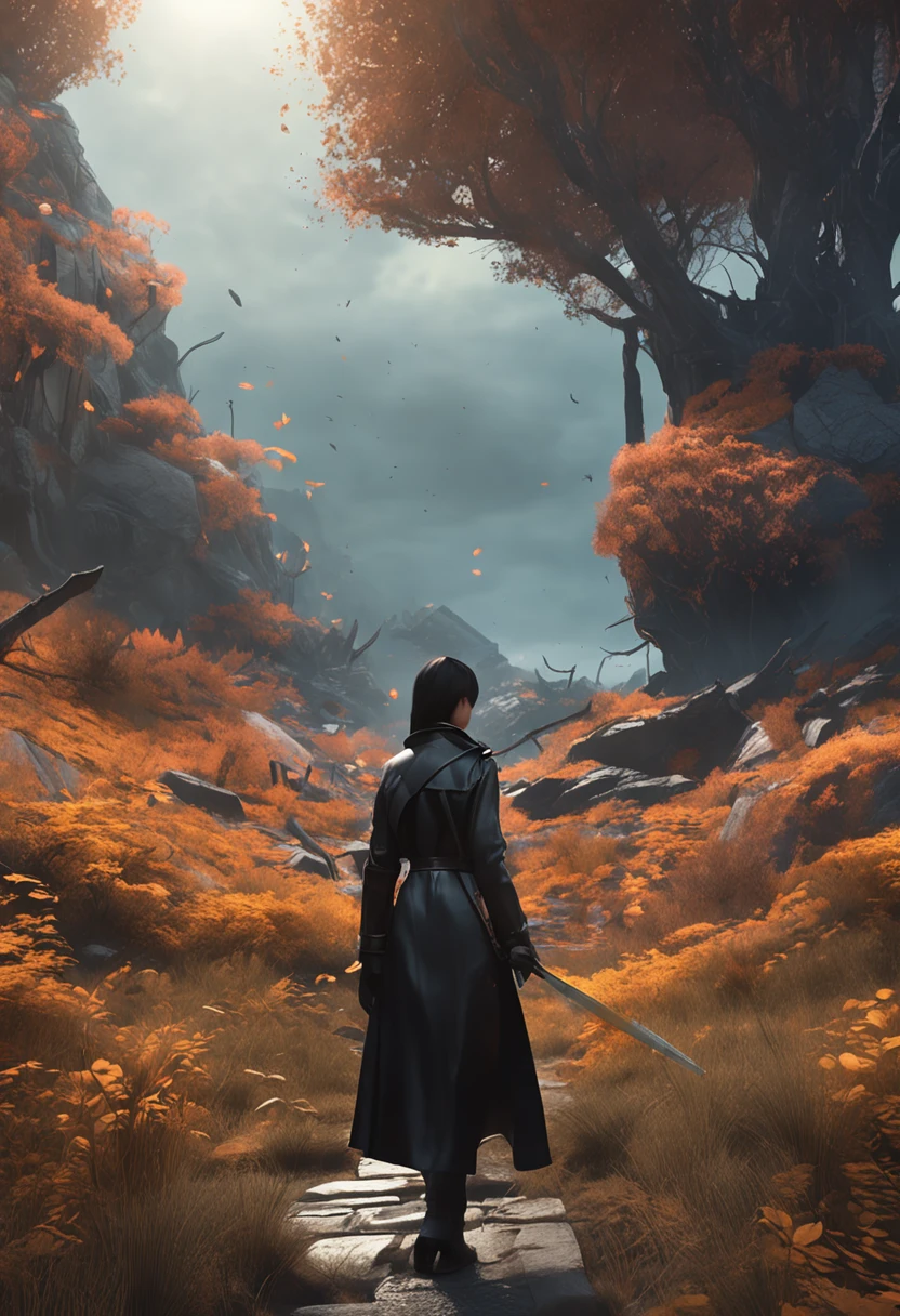anime big breast, A black-haired teenager，Long knife in hand, The long knife was stuck in the ground，Wearing a black worn-out trench coat，avatar landscape, award winning concept art, concept art stunning atmosphere, highly realistic concept art, matte painting arcane dota pixar, dota! matte painting concept art, stunning concept art, Concept art wallpaper 4K, 4 K resolution concept art, beautiful concept art, Destiny concept art