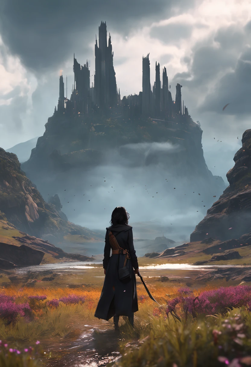 anime big breast, A black-haired ager,Long knife in hand, The long knife was stuck in the ground,Wearing a black worn-out trench coat,avatar landscape, award winning concept art, concept art stunning atmosphere, highly realistic concept art, matte painting arcane dota pixar, dota! matte painting concept art, stunning concept art, Concept art wallpaper 4K, 4 K resolution concept art, beautiful concept art, Destiny concept art