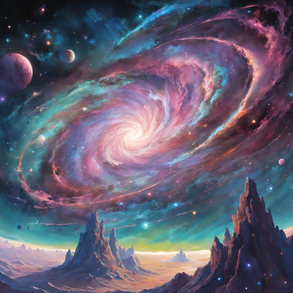 En el vasto cosmos, You are aboard a state-of-the-art space exploration ship, Equipped with advanced observation and analysis systems. Mientras te aventuras en un remoto sistema estelar, te entra el asombro al contemplar una escena de otro mundo: A vibrant and colorful intergalactic nebula that stretches across the horizon. Gas particles and cosmic dust intertwine in a celestial dance, creando patrones intrincados y armoniosos. Massive, young stars light up the landscape, Releasing impressive bursts of energy and creating the illusion of a burning sky. A lo lejos, una galaxia espiral majestuosa y gigante se despliega ante tus ojos, with its spiral arms extending into infinity. Aprecia los sutiles matices de color y textura en la nebulosa, from pink and purple tones to deep blues and greens. The depth and perspective make you feel small and insignificant compared to the vastness of the universe.. Express your thoughts and emotions as you contemplate this cosmic wonder, and reflects on the vastness and beauty of our ever-expanding universe.".
