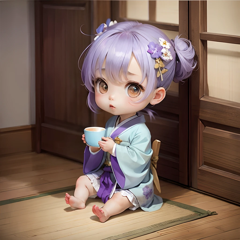 Cute Chibi Anime, Pale light blue and purple kimono, Sit in a cup