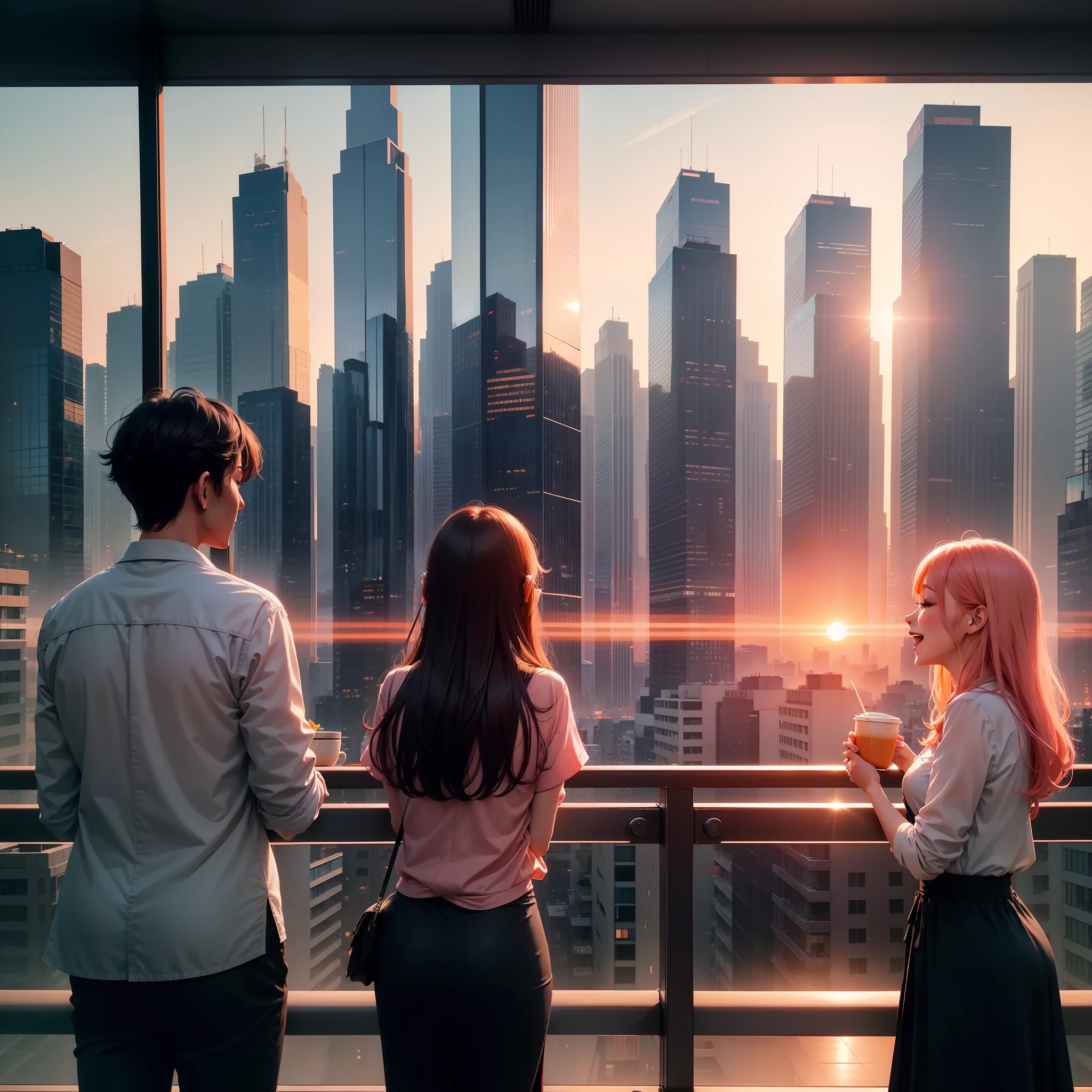 at the sunset, 城市, Skyscrapers, a person々Flow of, Building windows, Warm light, Walkway, a person々, cafe terrace, Friends, Laughing, Skysky, an orange, pink there, tints, Urban hustle and bustle, Beautiful sunset, harmony