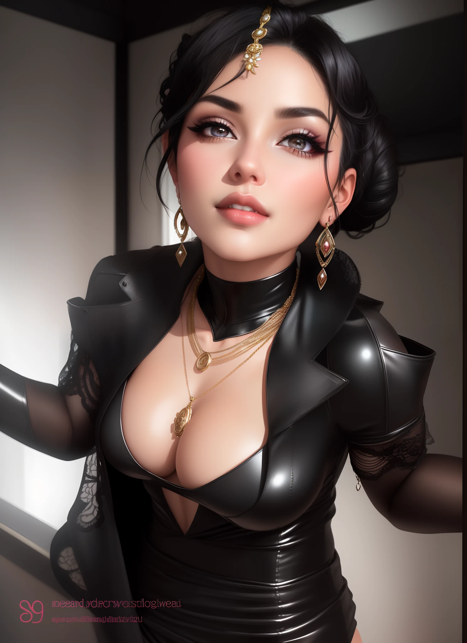 Sexy woman, MILF, black hair in a bun, captivating eyes, deepest blush, lips parted for a kiss, lustful look, seductive, sexy outfit