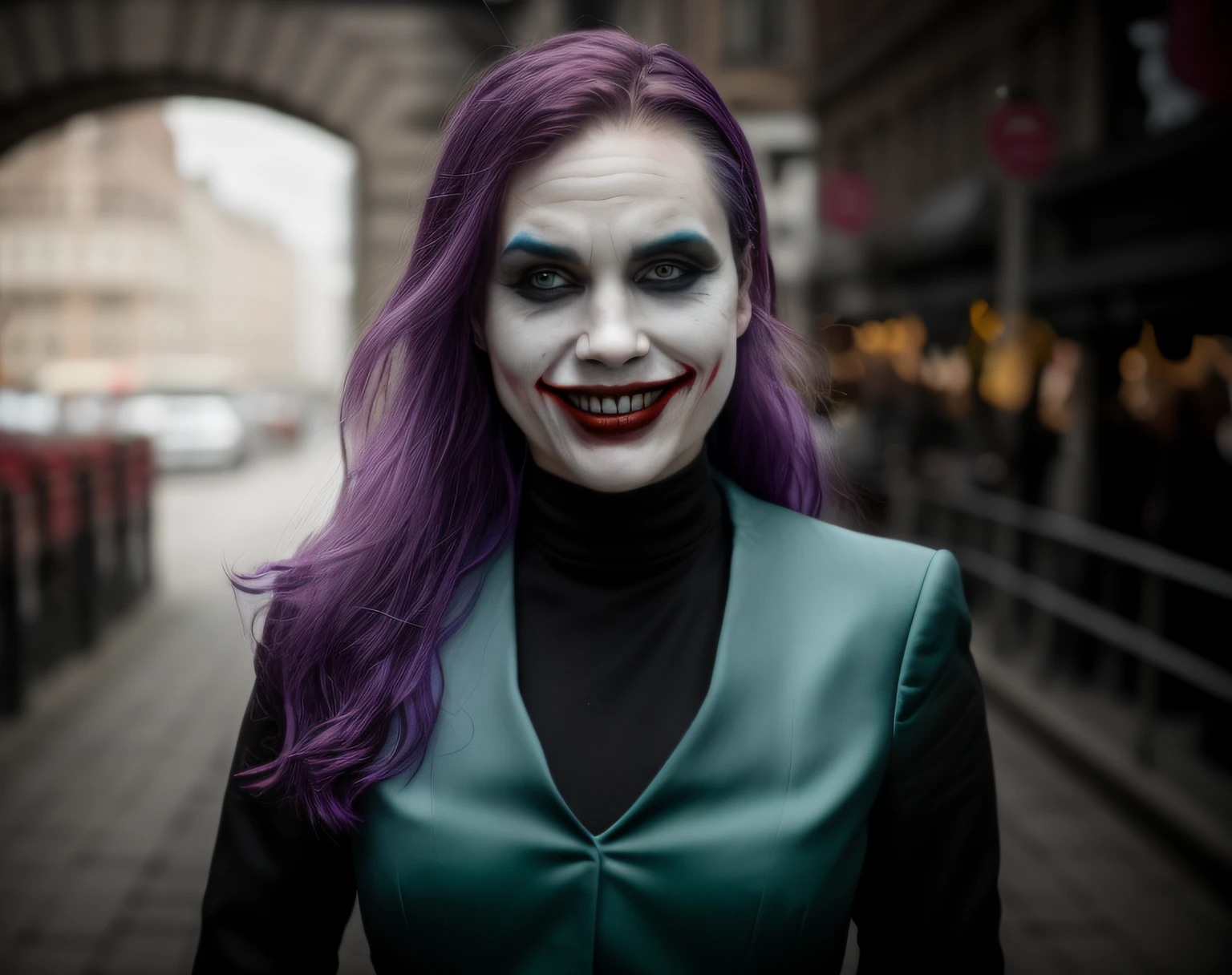 portrait of sanna marin as an evil version of the joker, photograph, ultra realistic, highly detailed