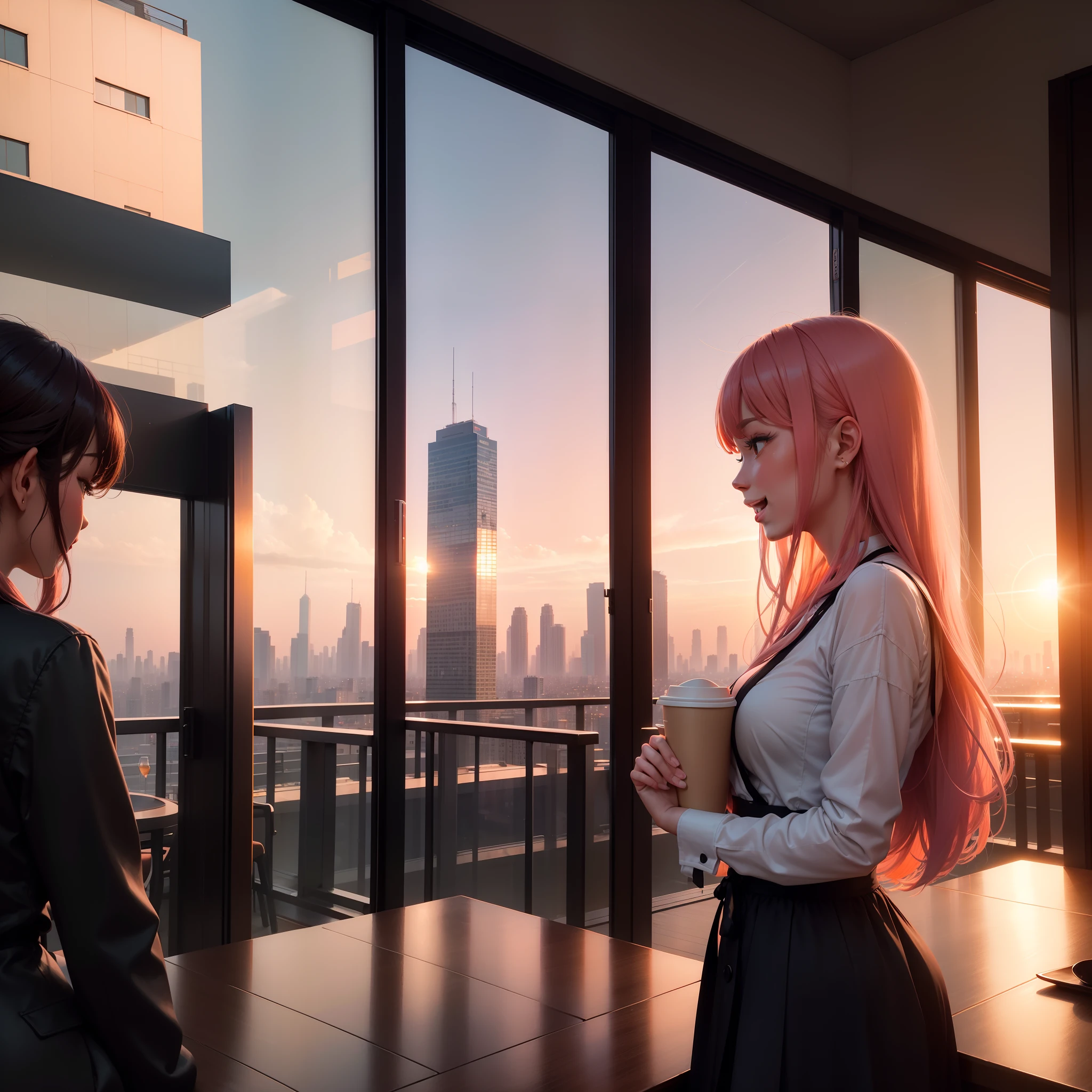 at the sunset, 城市, Skyscrapers, a person々Flow of, Building windows, Warm light, Walkway, a person々, cafe terrace, Friends, Laughing, Skysky, an orange, pink there, tints, Urban hustle and bustle, Beautiful sunset, harmony