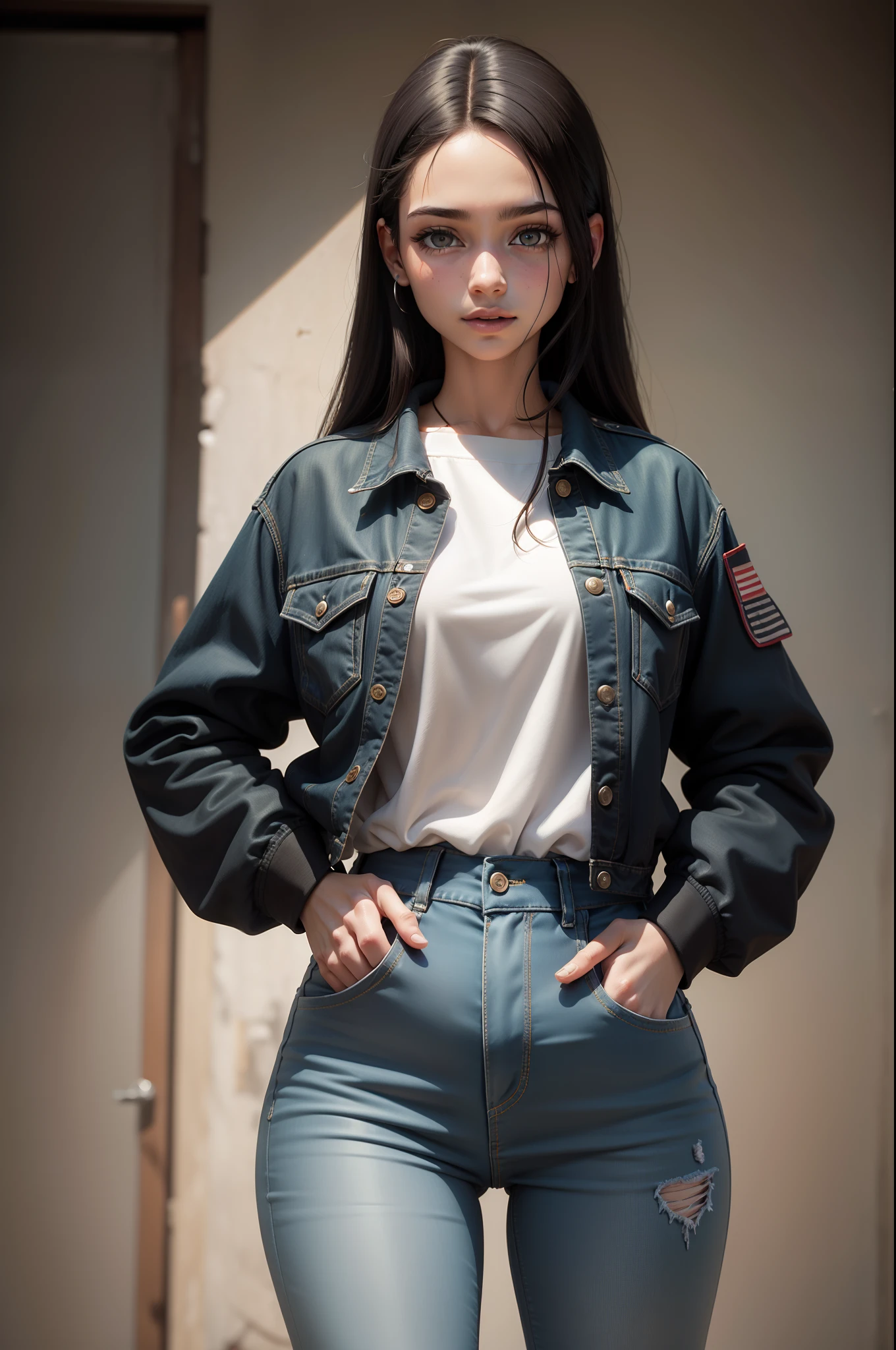 garota adolescente, norte-americana, pele branca, pale skinned, olhos verdes realistas, cabelo preto curto com fios verdes, vestindo uma jaqueta jeans larga dos anos 80, com uma camisa larga preta por dentro, Wide pants, with your hands in your pockets, arte realista, fullhd, extremamente detalhado, realista, rosto detalhado, olhos detalhados, boca detalhada, sorriso no rosto detalhado, olhos azuis, olhos humanos, olhos normais, hands without deformities, humanlike hands, realistic hands, normal hands, estilo de roupa largo, skatista, tudo ultra detalhado, arte fullhd, black hair, cabelo preto realista