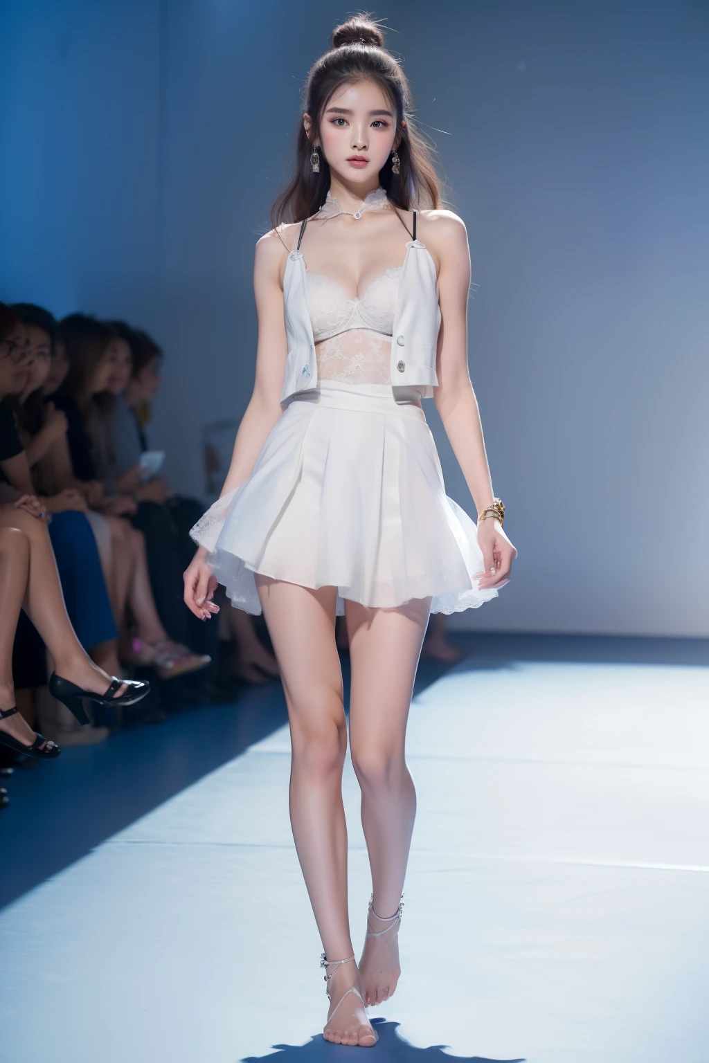 ((top-quality、8K、tmasterpiece:1.3)),Model wears a camisole jacket,Short skirt walking on the catwalk,long leges,Ethereal!!!!!!!,Bigchest,Barefoot,Guan Xiaotong, Ethereal!!!, Big breasts Thin waist