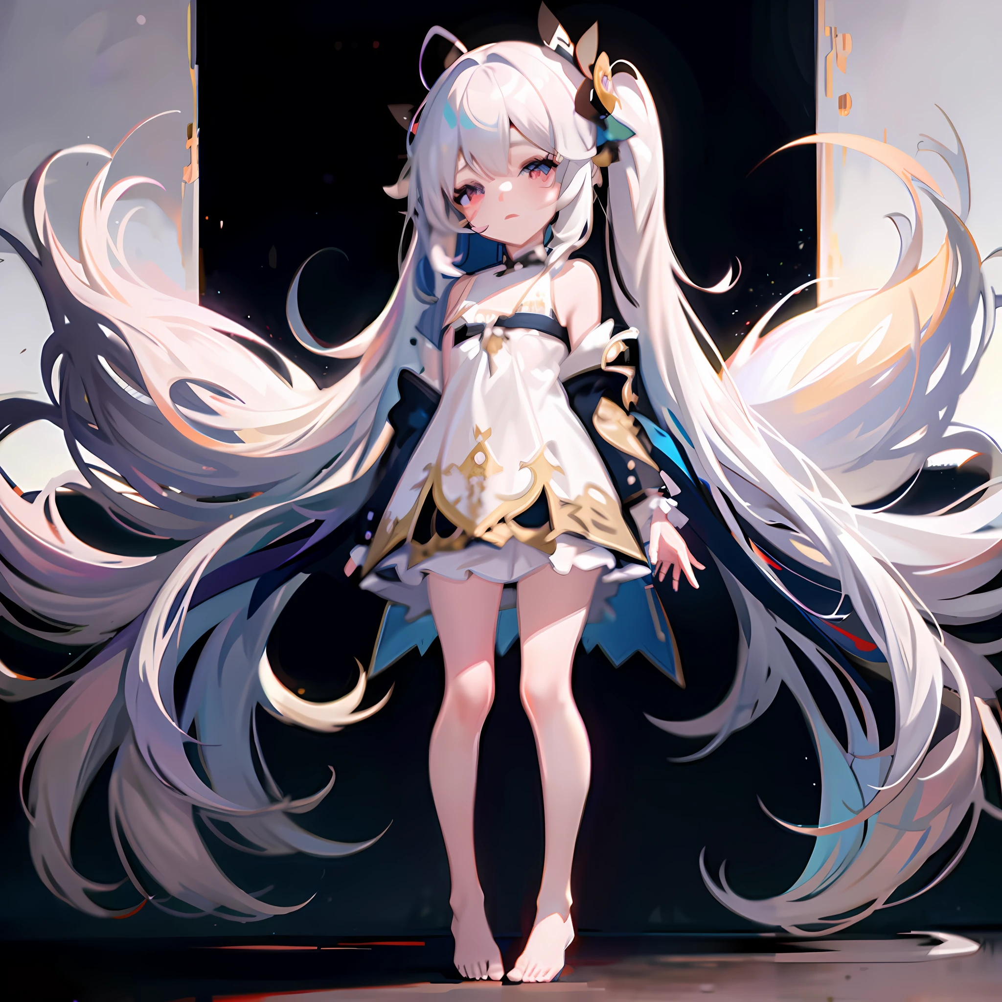 Anime girl with long white hair and blue dress, Digital art on Pisif , cute anime waifu in a nice dress, Guweiz in Pixiv ArtStation, From Arknights, trending on artstation pixiv, Pisif, Pisif 3DCG, Pisif Contest Champion, Pisif style, Guweiz on ArtStation Pixiv,Barefoot,Bare legged,Barefoot