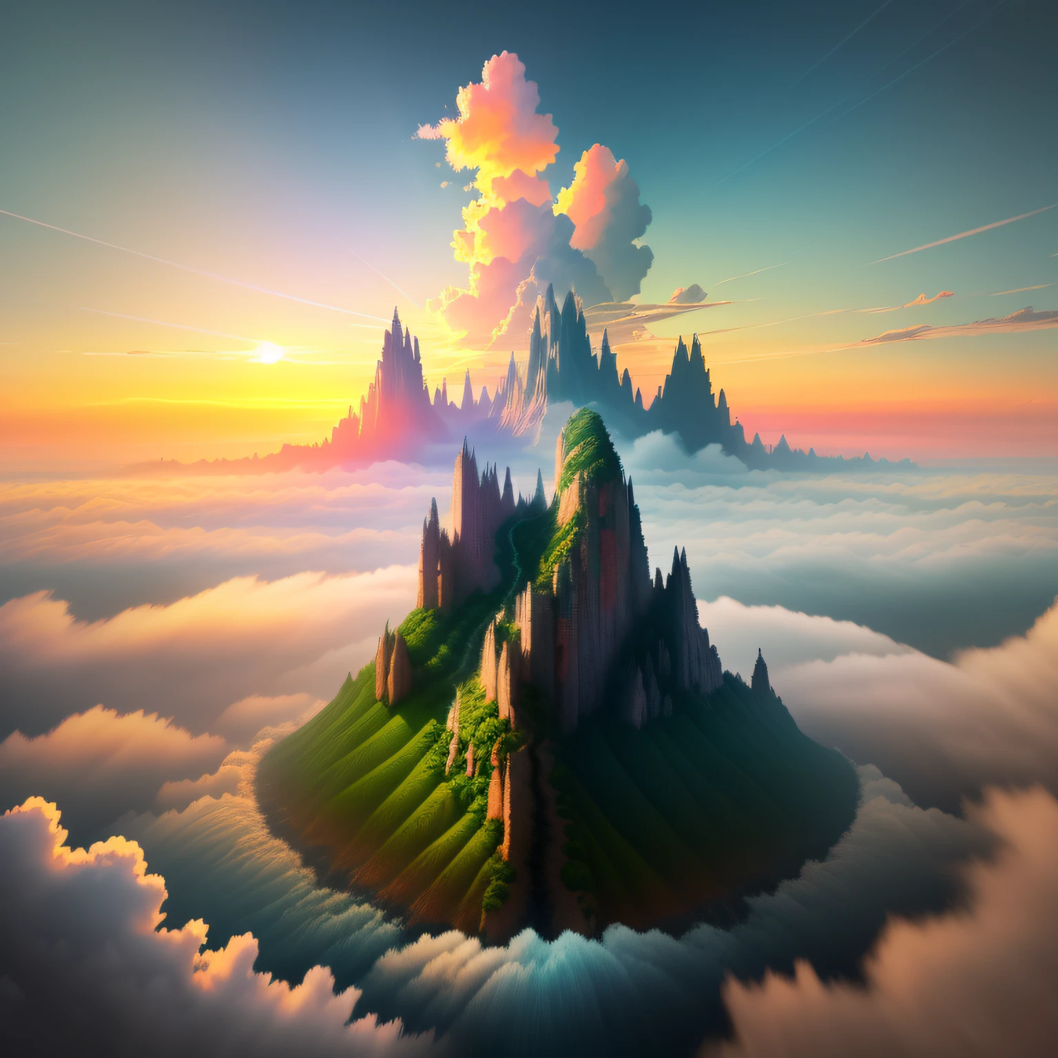 sun rising,The sky is full of light,The clouds are colorful, ,is very beautiful,Divine beauty,It's like a fairy's world,Ultra HD, Realistic, Vivid colors, Highly detailed, Ultra HD drawing, pen and ink, Perfectcomposition, beautiful detailed intricate insanely detailed octane render trending on artstation, 8K art photography, Arte conceptual fotorrealista, soft natural volumetric cinematic perfect light