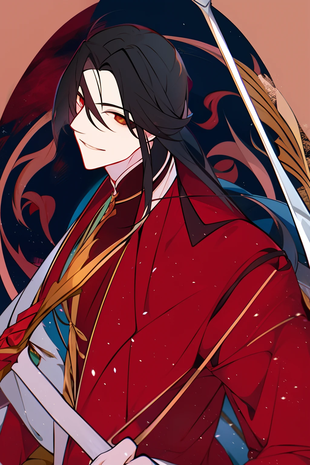 schoolboy,Dressed in red,A long sword was pinned to his waist,Danfeng Eyes,There is a tear mole under the corner of the eye,Mask in hand,There was a slight smile on the corner of his mouth,Ink hair drooping,Golden eyes,ssmile