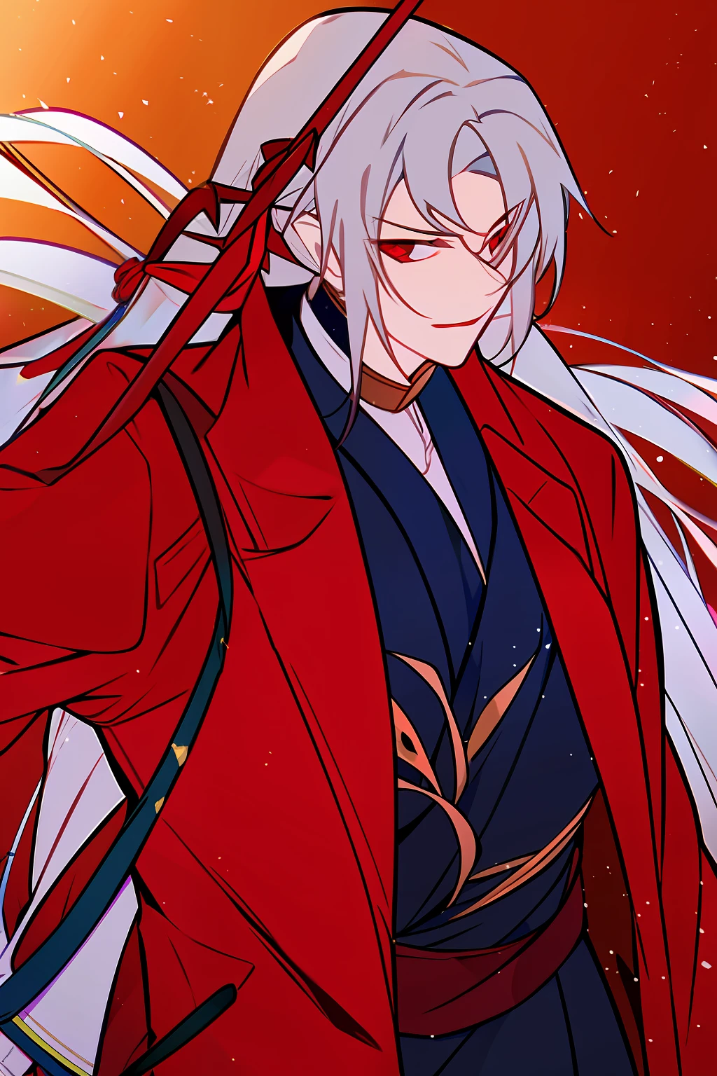 boy,Dressed in red,A long sword was pinned to his waist,Danfeng Eyes,There is a tear mole under the corner of the eye,Mask in hand,There was a slight smile on the corner of his mouth,Ink hair drooping,Golden eyes,ssmile
