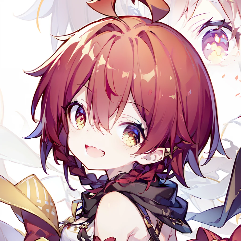Short crimson hair,Back braids,big laughter,1boys,Tattered scarf,cheerful,naïve,Golden eyes