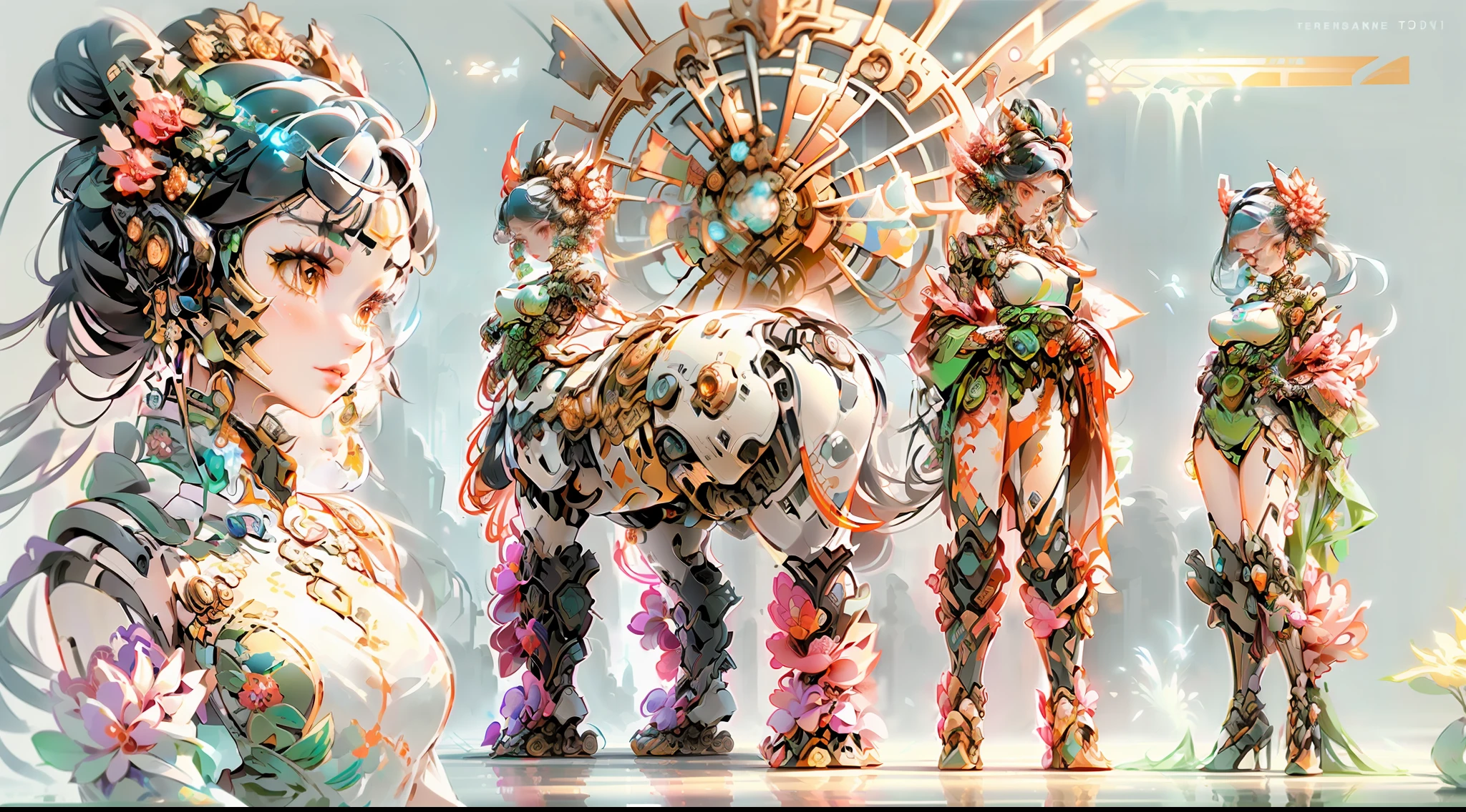 In a very grand scene，The extra-large wide-angle lens captures the appearance of a female centaur。She is tall，It has the ultimate curvy beauty，The muscles are slender and firm，Beautiful lines。Her facial features are tough and coquettish，Always with a sunny smile。She wears special tight-fitting equipment with a strong sense of technology，Step on multifunctional off-road style heels，Delicate and practical protective gear is worn on the hands, feet, wrists, neck and shoulders。The detection equipment around you flashes various cue lights and neon-like information screens，Let her exude a charming brilliance。Use Midjourney's advanced tools，Design special tight-fitting equipment for female centaurs，Highlight her unique physiological characteristics and appearance details，Add realism。And in her adventure scene，Spectacular views of nature，Clear sky、Brilliant rivers of stars and auroras、The rocky mountains of Wadi Rum on the horizon are endless、Fireworks in Oasis Garden, etc。ao mesmo tempo，A neon-lit spaceship docked next to the hustle and bustle of the desert oasis city，Create a fantastic scene。Use Midjourney's advanced tools and multiple color palettes、Brush Strokes、Texture tools and model packages，It shows a sense of atmosphere where beauty and charm coexist。The charm of the female centaur is highlighted through color and lines，Enhance realism with detailing，Create a surreal dreamy feeling。Additionally，Use Midjourney's tools to add a variety of extreme sports gear and cultural trinkets to the female centaur，Create intricate hairstyles and outfits，Give her a sense of premium，Bring Oasis Garden to life。She never flinches，Regardless of the terrain，can respond quickly，Even the extreme geography and dangerous terrain of aliens cannot stop her。Use Midjourney's powerful tools，You can do it with incredible detail and beauty，Bring this ultra-grand and beautiful scene to life。Ultra-grand scenes，super wide shot， hdr，（真实感，Masterpiece quality，best qualtiy），