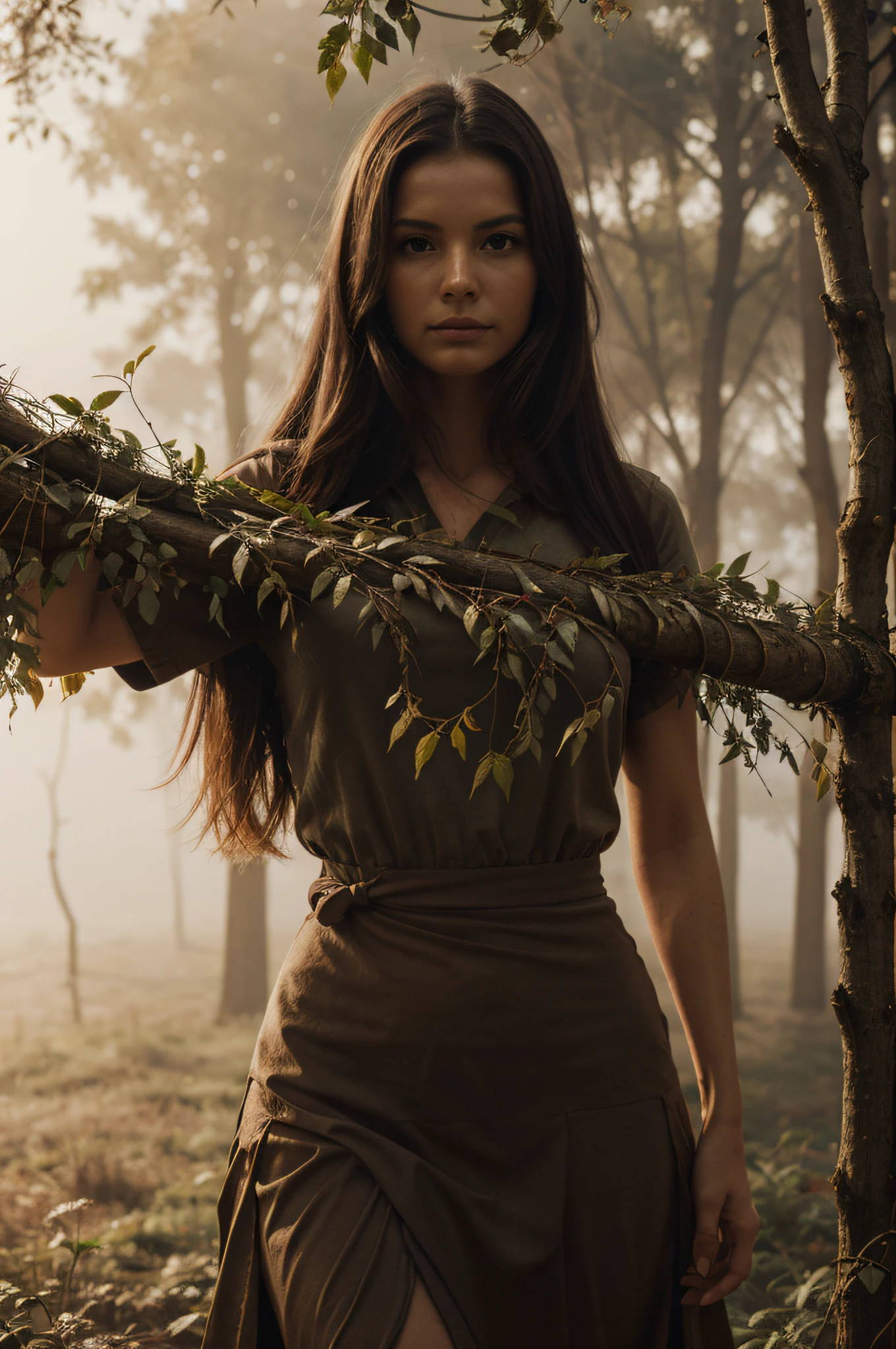 woman made of wood. Her arms like branches full of leaves. The fog envelops the woman. Soft light and very high resolution. Numerous intricate details.