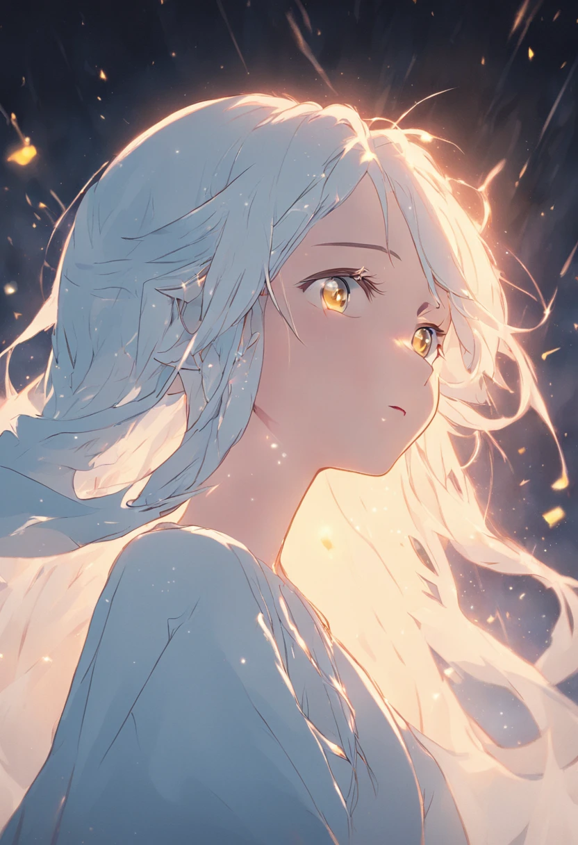 masterpiece, best quality, movie still, 1girl, cloud girl, long and waved white hair, large yellow crystal eyes, wearing white casual attire, floating in the sky, bright, full body, happy, warm soft lighting, twilight, (sparks:0.7)