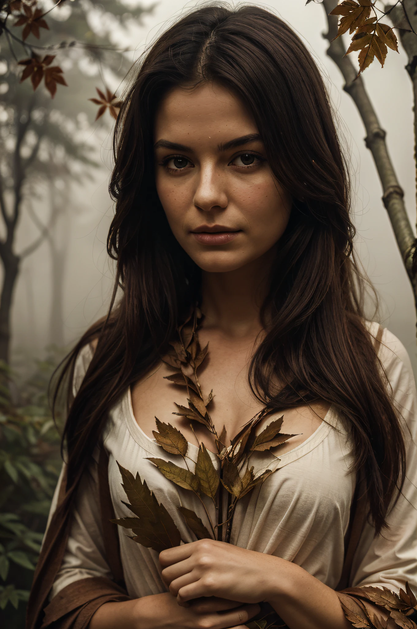 woman made of wood. Her arms like branches full of leaves. The fog envelops the woman. Soft light and very high resolution. Numerous intricate details.