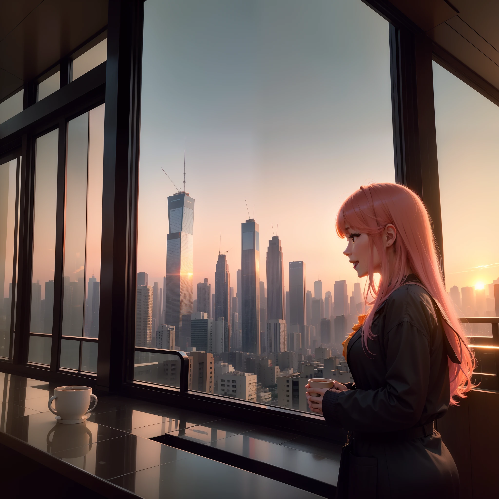 at the sunset, 城市, Skyscrapers, a person々Flow of, Building windows, Warm light, Walkway, a person々, cafe terrace, Friends, Laughing, Skysky, an orange, pink there, tints, Urban hustle and bustle, Beautiful sunset, harmony