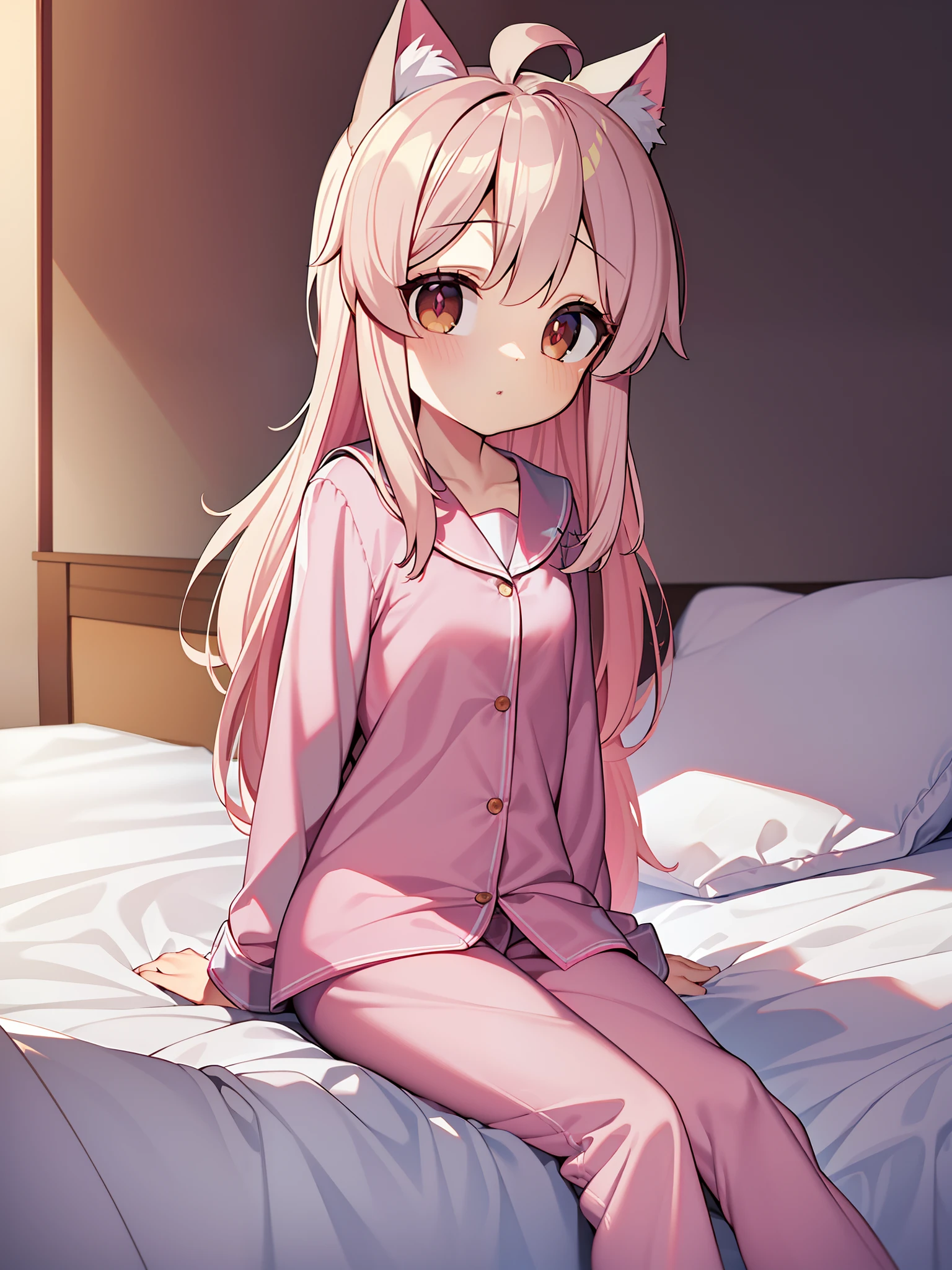 Masterpiece,Best quality,offcial art,Extremely detailed Cg Unity 8K wallpaper, Masterpiece, Best quality, Pink pajamas, incredibly_absurderes, Loli, Girl, small breasts, sailor suite,oyamamahiro,Bedroom,Pink hair,Pink cat ears,on the bed,ahoge,brown eyes,