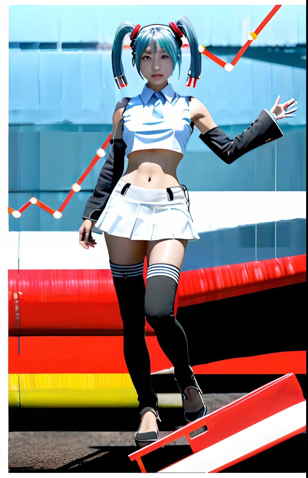 Hatsune Mikuphotorealistic, hight resolution, 1 rapariga, Korea person, Heterochromia eyes, small moles under eyes, sci-fi technology, nffsw (High dynamic range), (Red and blue metal alloy for arms and legs, Using,((steams:1.2) (Transparent:1.2) (white: 0.6) (chiffon) (croptop) grabbed (metal alloys: 1.4) skin): 1.2))), Large breasts, large full breasts, On the streets in the midst of war, destruction, Post-apocalyptic world