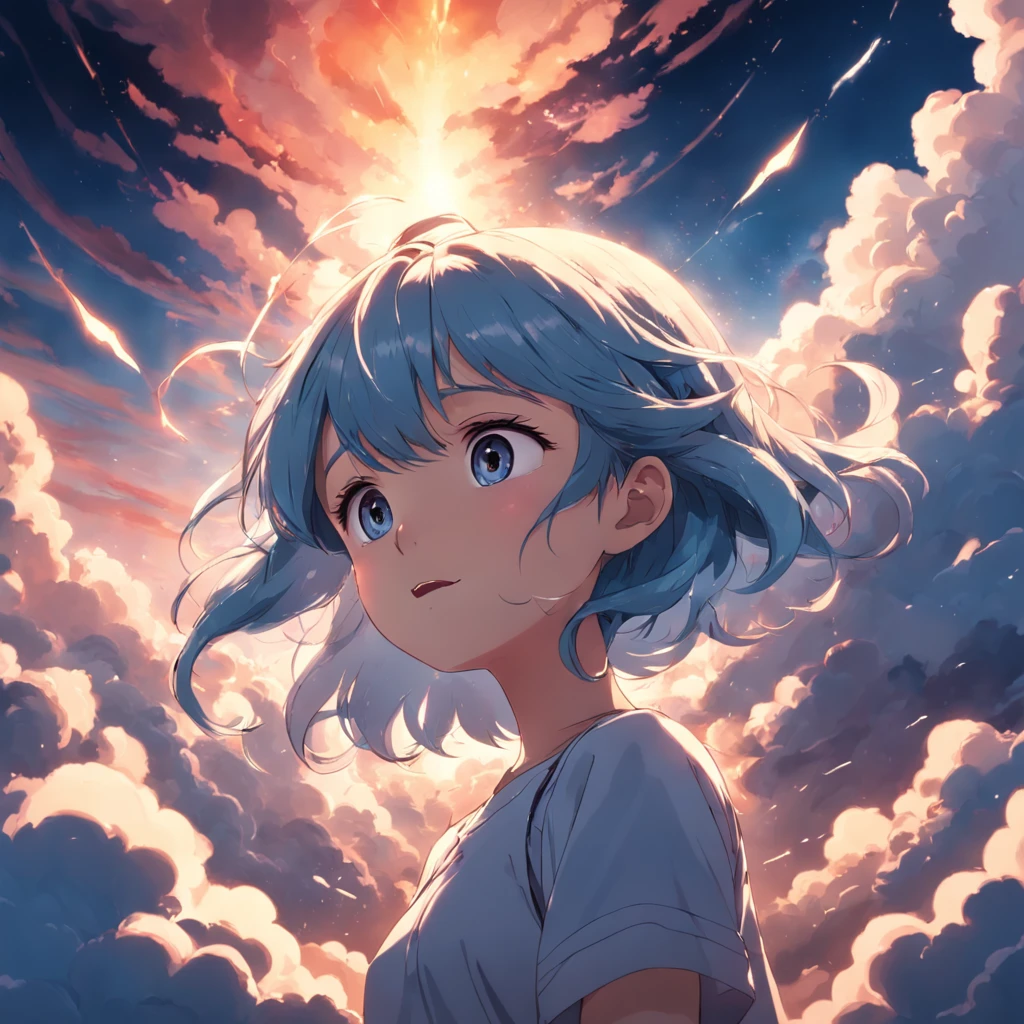 masterpiece, best quality, movie still, 1girl, cloud girl, floating in the sky, close-up, bright, happy, warm soft lighting, sunset, (sparks:0.7)