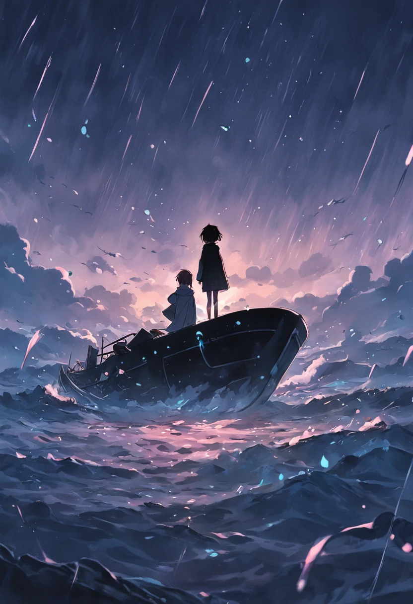 Black diary floating at sea,The paper in the diary floated on the sea,Raindrops hit the sea,Dark and gloomy sky。