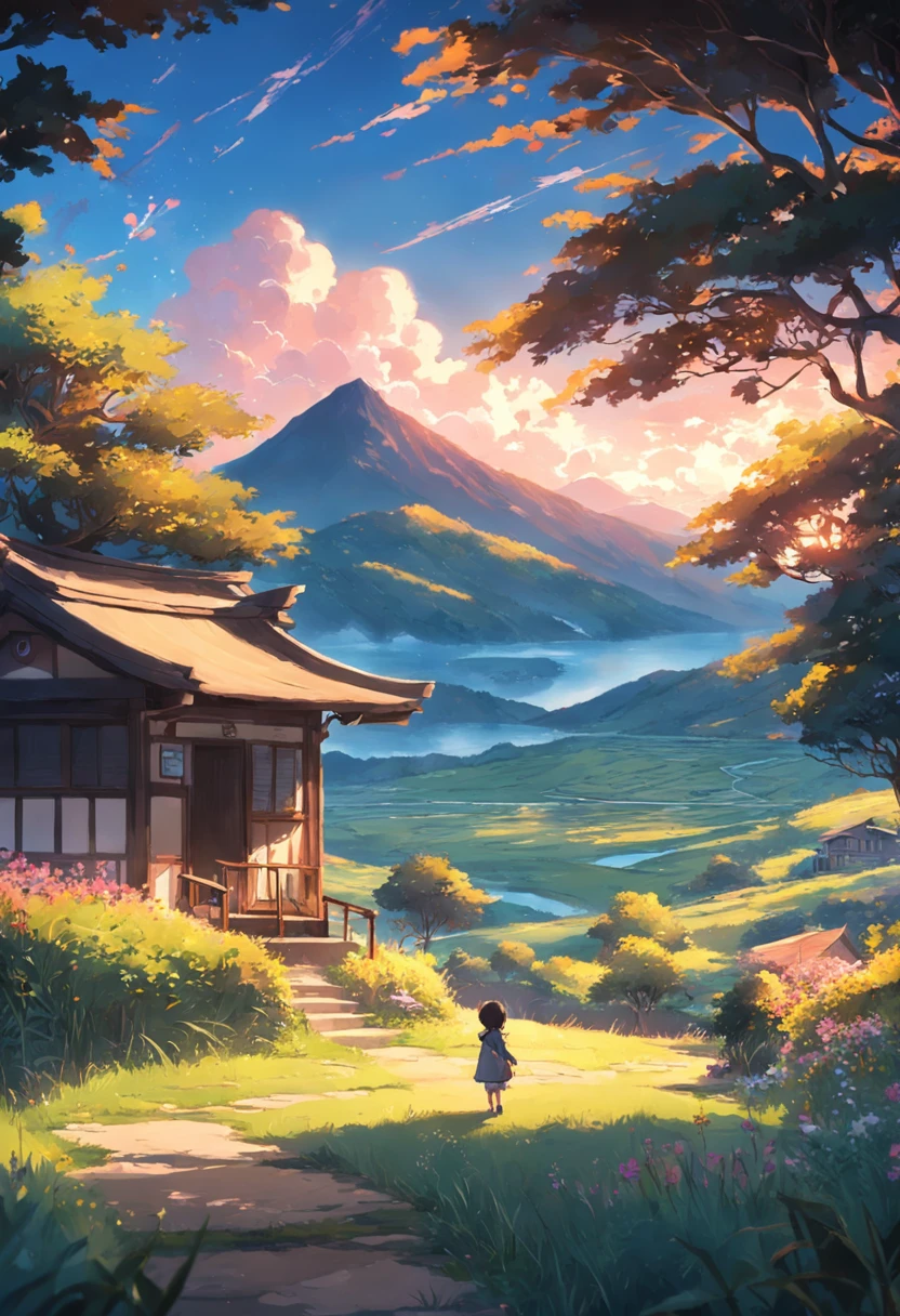 In a beautiful little village，There are mountains，grove，grassy fields，Small lake，o cachorrinho， cats，And beautiful sunsets，A gentle breeze