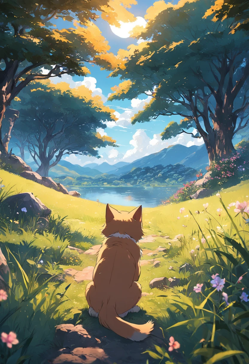 In a beautiful little village,There are mountains,grove,grassy fields,Small lake,o cachorrinho, cats,And beautiful sunsets,A gentle breeze