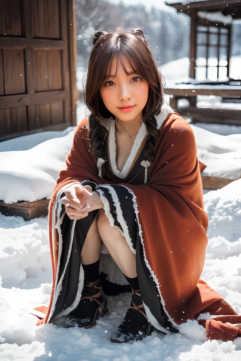 girl with,Old European-style castle,squatting to sitting,Bare legs,((Outside,Actual heavy snowfall,cloaks,Cover with snow,ta costume,Large breasts, Horizontal viewing angle)), (full body Esbian:1.5), Split, Brandon Flake, (8K, ........primitive, Professional, best qualtiy, tmasterpiece: 1,2), (hentail realism, Photorealism: 1,37), ultra -detail, (35mm portrait wide angle), (Skins with the highest level of detail: 1,2), (The highest level of detail on the dial:1.2), cinmatic lighting, (the wind), natta, Warm white light, Look into the camera, Naughty Poses