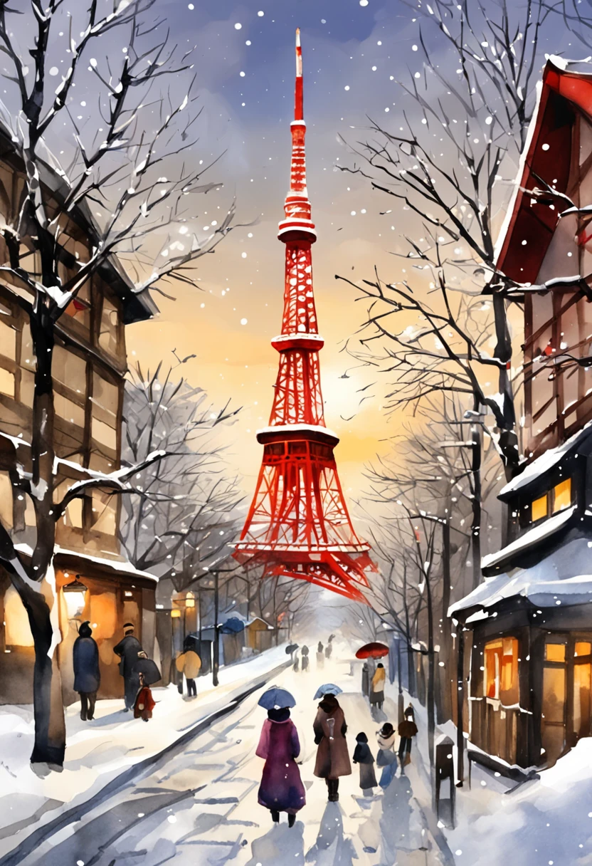 Tokyo Tower background at night、Depicting a heavy snowfall scene in the middle of winter、Women in long coats。She has pale black eyes and a pale brown chignon hairstyle.、There are a lot of people around々Hurray。knit hat、piercings、I have a rolled muffler..、Other Bracelets、wrist watch、She also wears long boots.。
