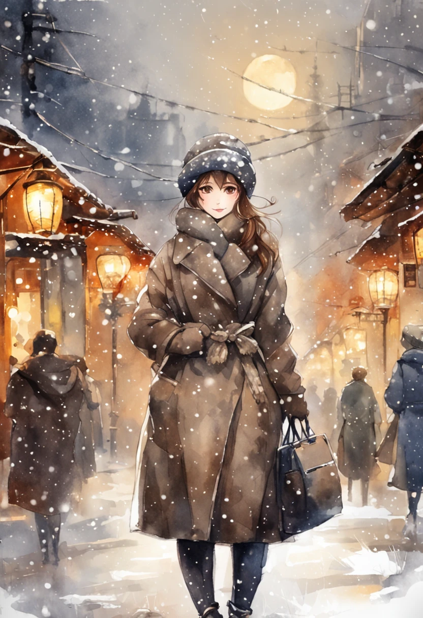 Tokyo Tower background at night、Depicting a heavy snowfall scene in the middle of winter、Women in long coats。She has pale black eyes and a pale brown chignon hairstyle.、There are a lot of people around々Hurray。knit hat、piercings、I have a rolled muffler..、Other Bracelets、wrist watch、She also wears long boots.。