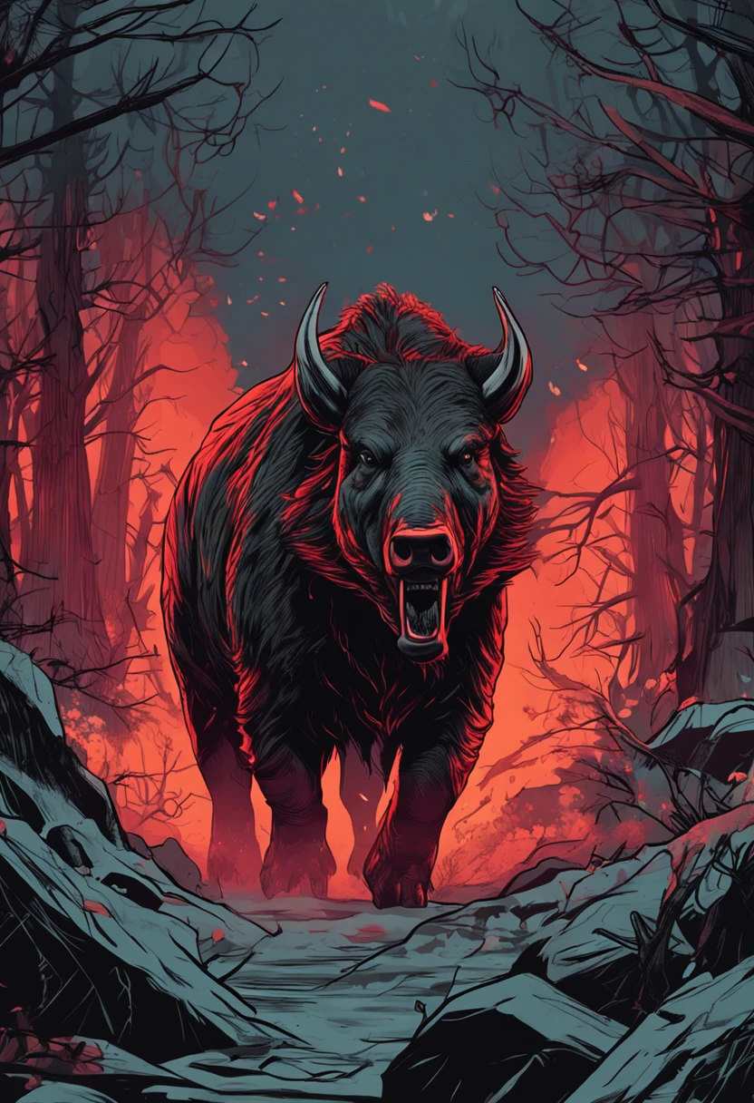 A huge wild boar,Dark style,huge tusks,Huge body contrast,It creates a huge contrast with the surrounding scenery,Frightening existence,Aggressive aesthetics,Apocalypse Battlefield,Blood-colored wild boar,salama,Surrounded by flames,Exquisite picture details,dramatic light,Disaster scenarios