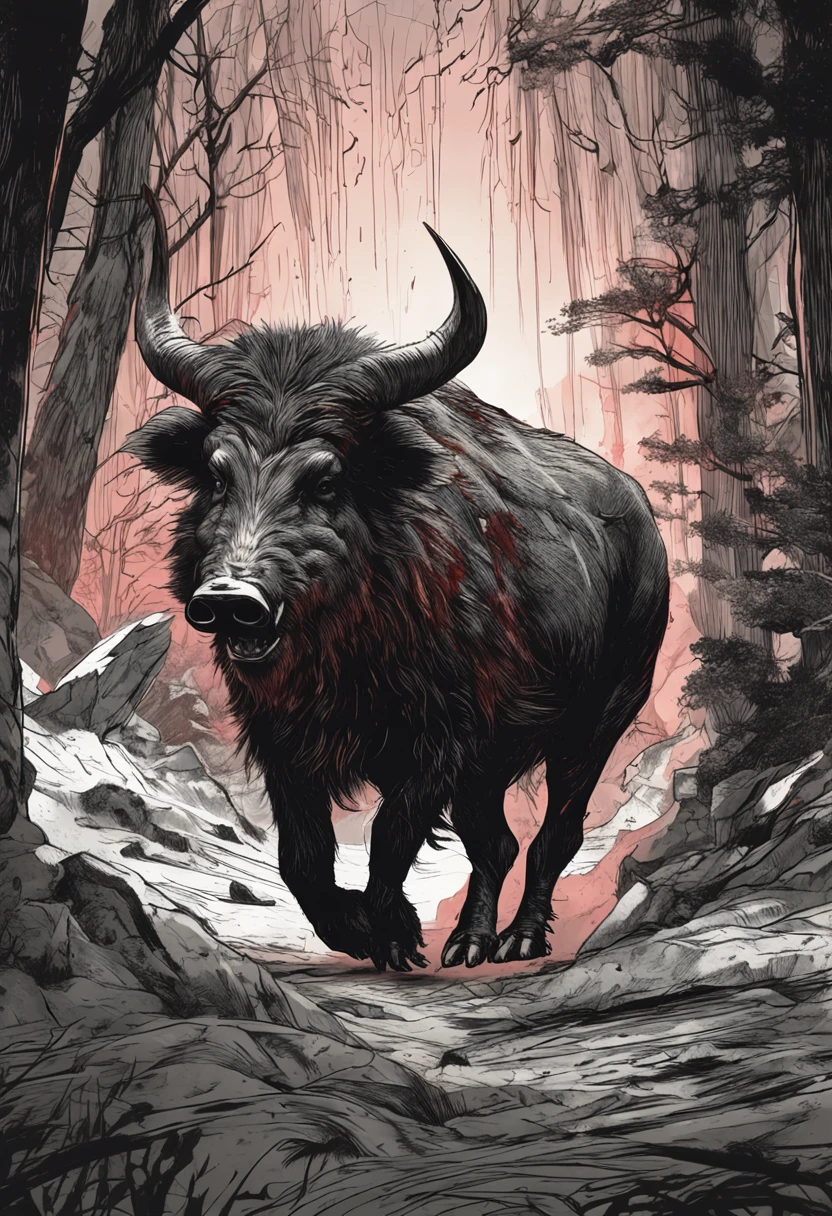 A huge wild boar,Dark style,huge tusks,Huge body contrast,It creates a huge contrast with the surrounding scenery,Frightening existence,Aggressive aesthetics,Apocalypse Battlefield,Blood-colored wild boar,salama,Surrounded by flames,Exquisite picture details,dramatic light,Disaster scenarios