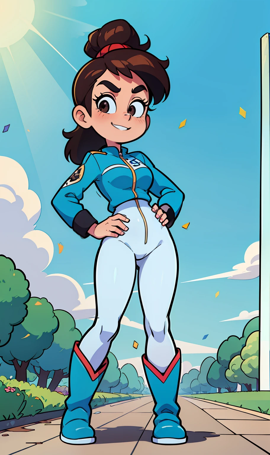 ((Pixar artstyle)), ((disney artstyle)), ((masterpiece)), ((high quality)), ((beautiful portrait)), ((full body)), ((boots visible)), ((beautiful background)), {vanellope von schweetz, black hair, red scrunchy, short ponytail, candy in hair, cute brown eyes, adult woman, beautiful legs, curvaceous hips, smug smirk, white teeth}, {(white race-suit), aqua riding boots}, {(standing on road), (hands on hip), (looking at viewer)}, [Background: racetrack, confetti, blue sky, bright sun, sun rays]
