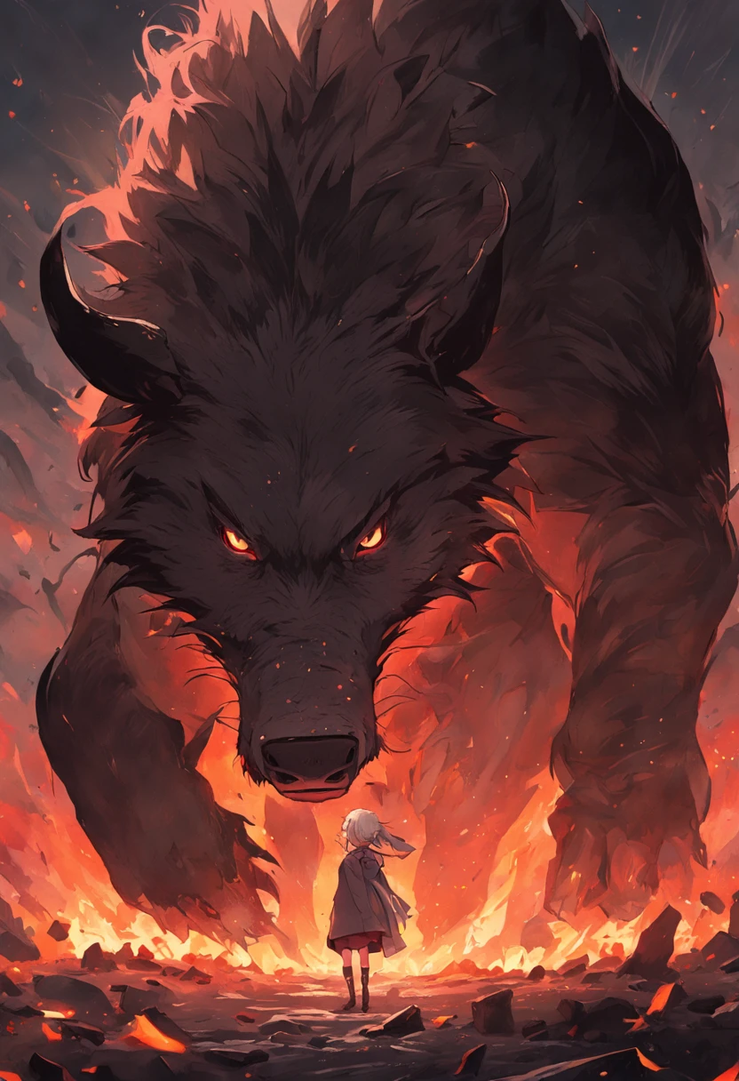 A huge wild boar,Dark style,huge tusks,Huge body contrast,It creates a huge contrast with the surrounding scenery,Frightening existence,Aggressive aesthetics,Apocalypse Battlefield,Blood-colored wild boar,salama,Surrounded by flames,Exquisite picture details,dramatic light,Disaster scenarios
