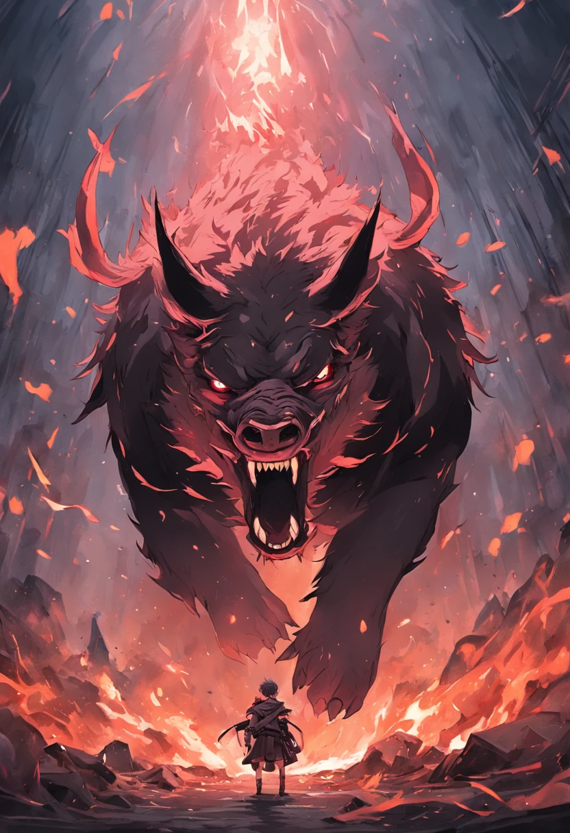 A huge wild boar，Dark style，huge tusks，Huge body contrast，It creates a huge contrast with the surrounding scenery，Frightening existence，Aggressive aesthetics，Apocalypse Battlefield，Blood-colored wild boar，salama，Surrounded by flames，Exquisite picture details，dramatic light，Disaster scenarios