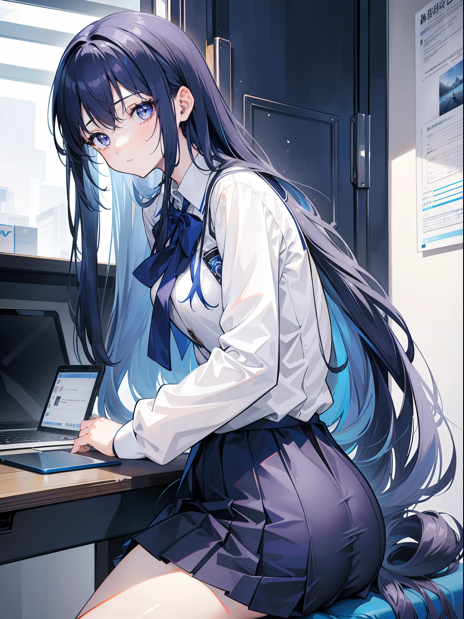 1girl, 164 cm height, tall girl, navy colored hair, very long hair, white silver eyes, blue skirt, high school uniform, blue ribbon, sitting, butt form, back view, no looking, sit on chair, crouching, butt view