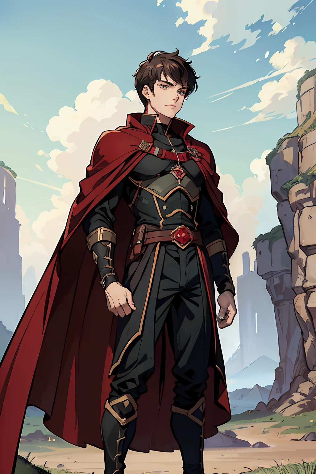Adventurers Uniform, red and black clothing, black cape, young man, 20 years, light brown hair, short hair, green blue eyes, muscular, tall, 6.3 foot tall, serious pose, strong, masterpiece, fields background, dirt path background, adventurer world