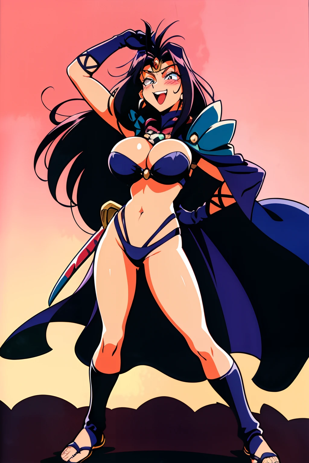 slayers, long hair,1990s (style),,retro artstyle,1girl, naga the serpent, armor, cape, circlet, gloves, jewelry, large breasts, blush, black hair, fit, toned, sweaty, shiny skin, close-up, looking at camera, looking up, open mouth, smug, skinny, long hair, full body standing, flipflops