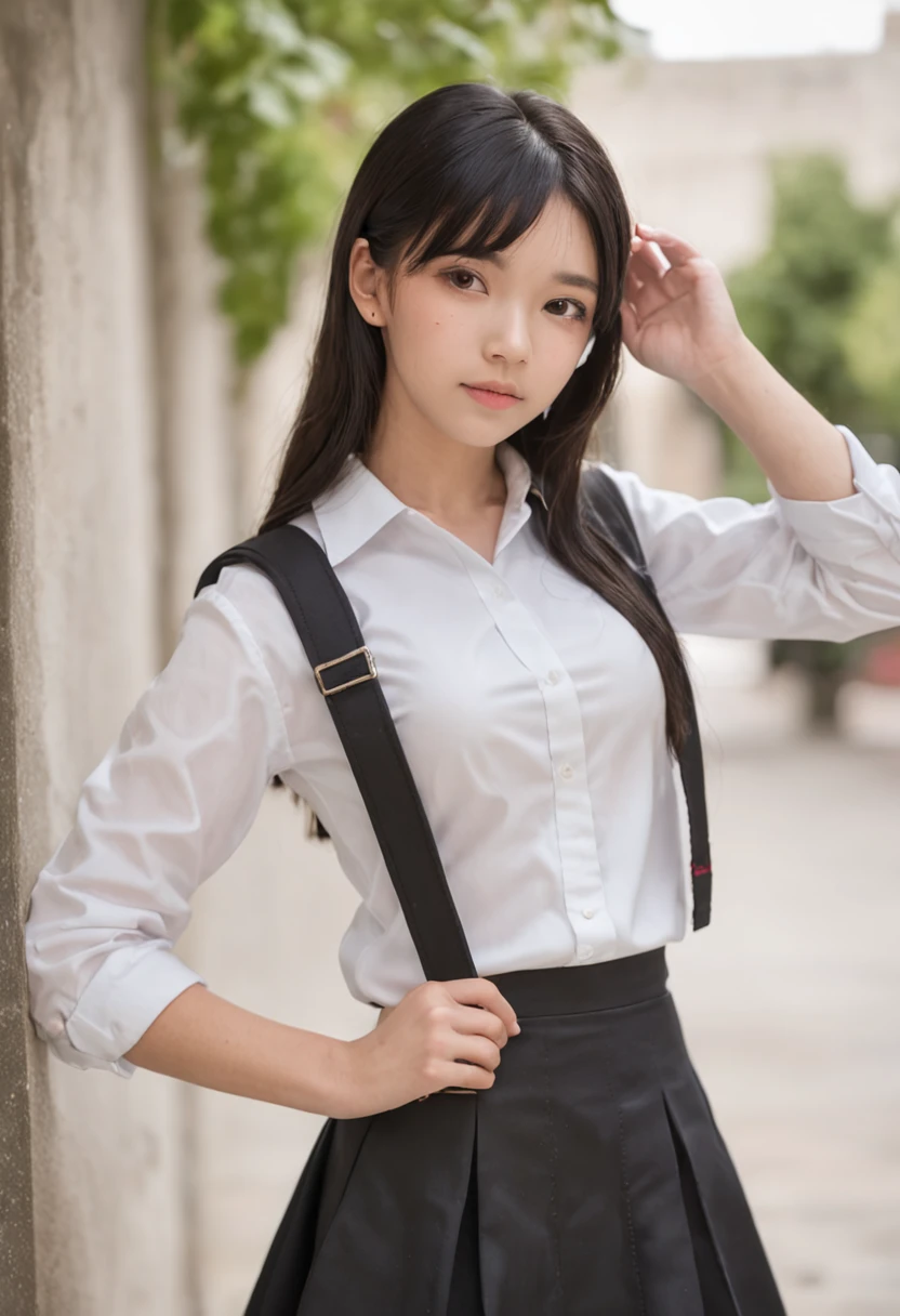On the high school campus,White school uniform T-shirt top,black school uniform pants,Short black hair,Cute style high school girl