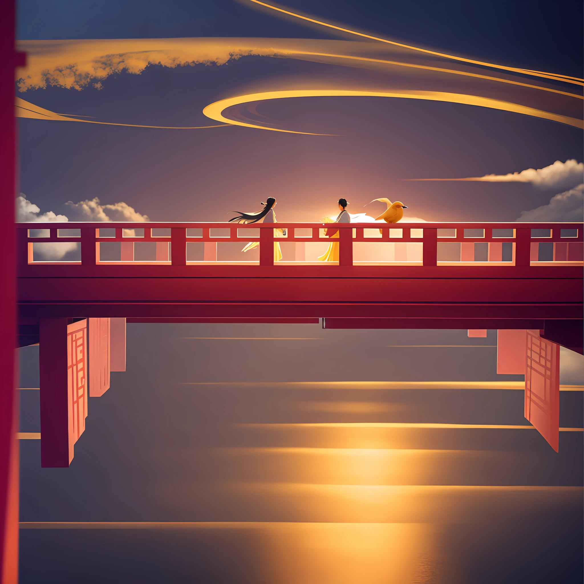There was a man and a woman walking on the bridge, inspired by Torii Kiyomoto, Inspired by Torii Kiyomasu, inspired by Torii Kiyomasu II, inspired by Torii Kiyomitsu, Makoto Shinkai Cyril Rolando, A beautiful artwork illustration, calm evening. Digital illustration, anime beautiful peace scene,A flock of big birds flew in the sky