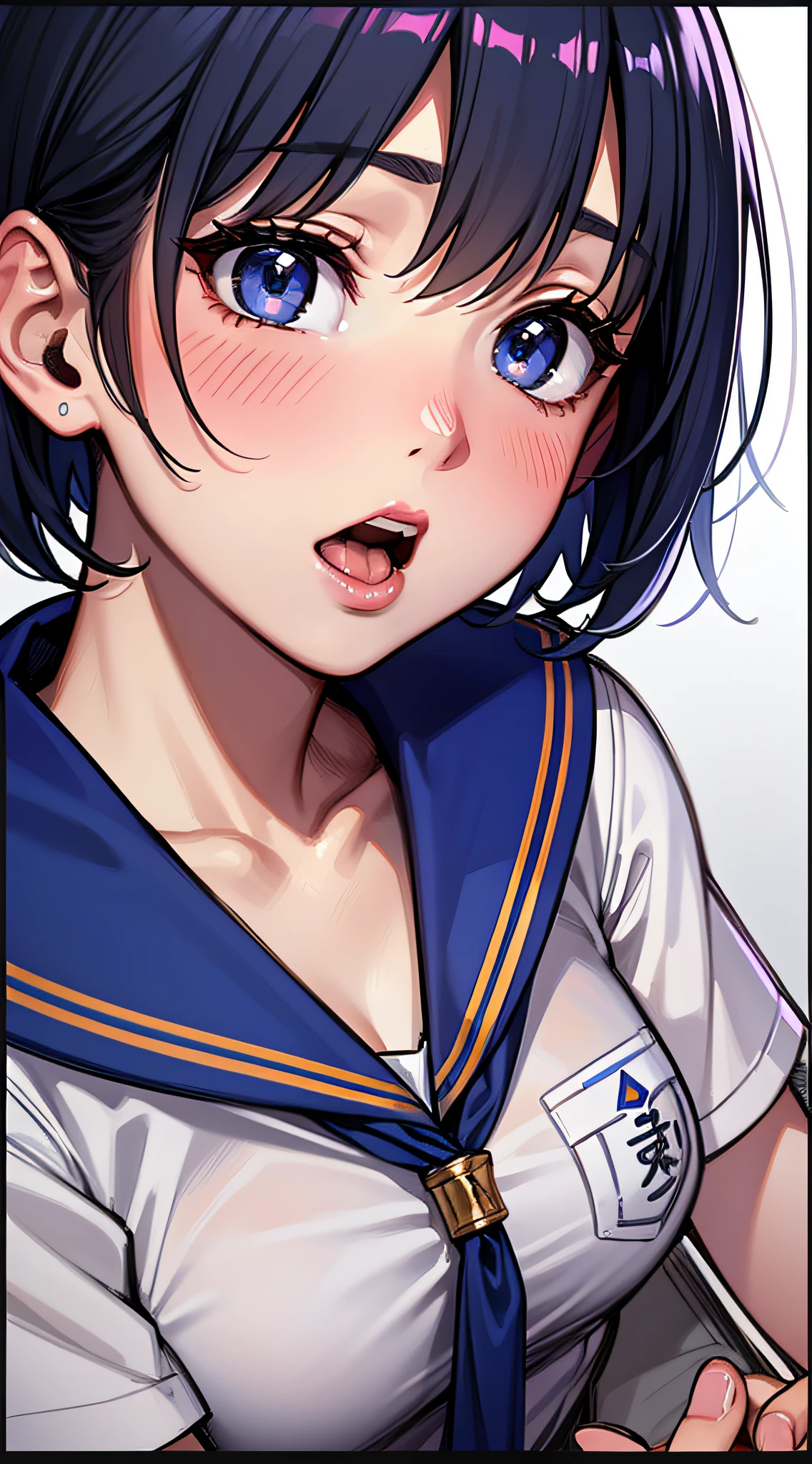 top-quality、Photorealsitic、8K picture quality、hight resolution、女の子 1 人、、Ami Mizuno、Sailor Mercury、Blue hair color、bob cuts、Half-taken uniform、Unbuttoned exposed breasts、Kneel in front of the screen、Sucking the tip of the penis 、Hold the penis with both hands、Surprised expression、Staring with upturned eyes、Blushing、 cum in mouth、Close-up on the face、Shot from the top of the head